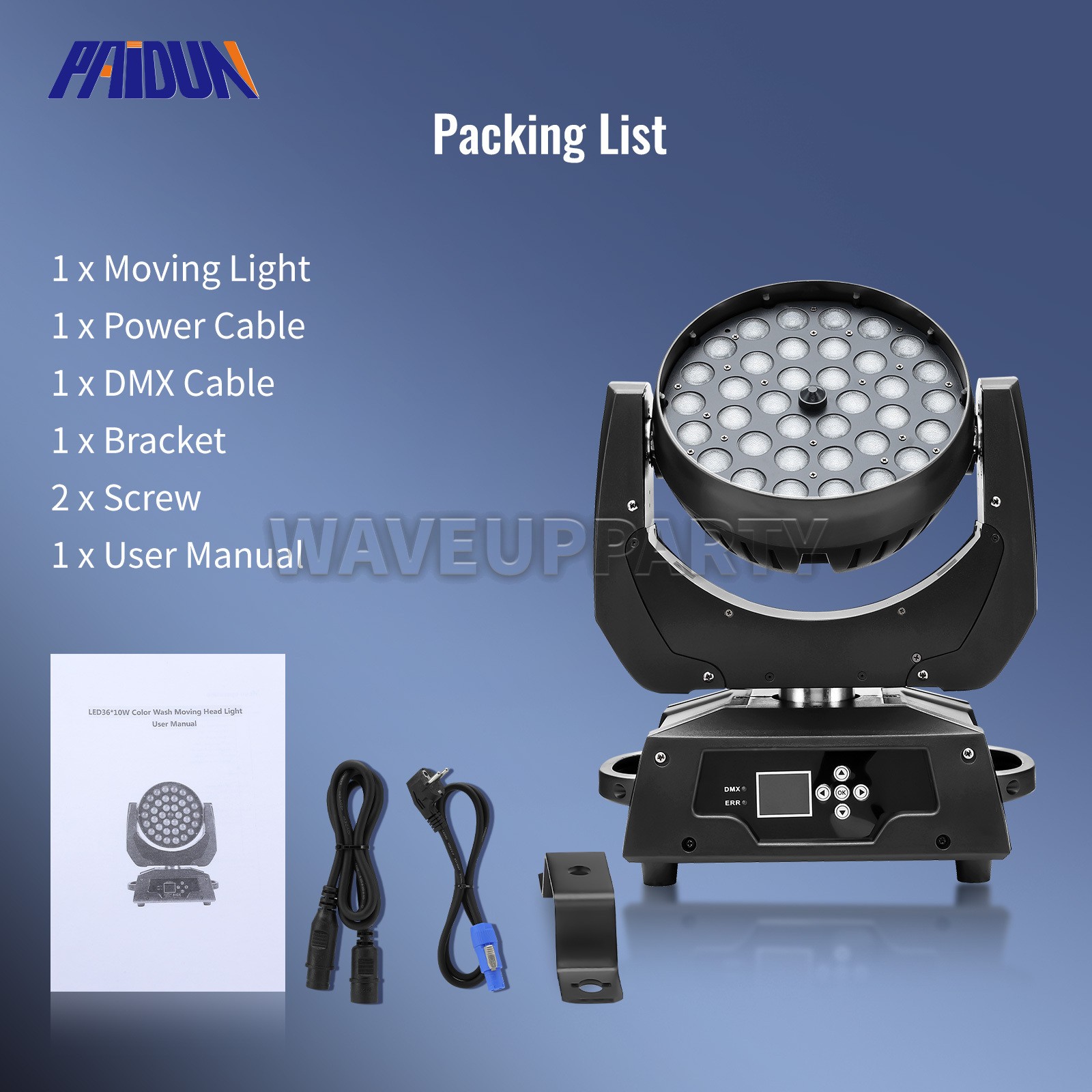 PAIDUN 36x10W LED Zoom Moving Head Wash Light RGBW Sound Activated Disco DJ Club
