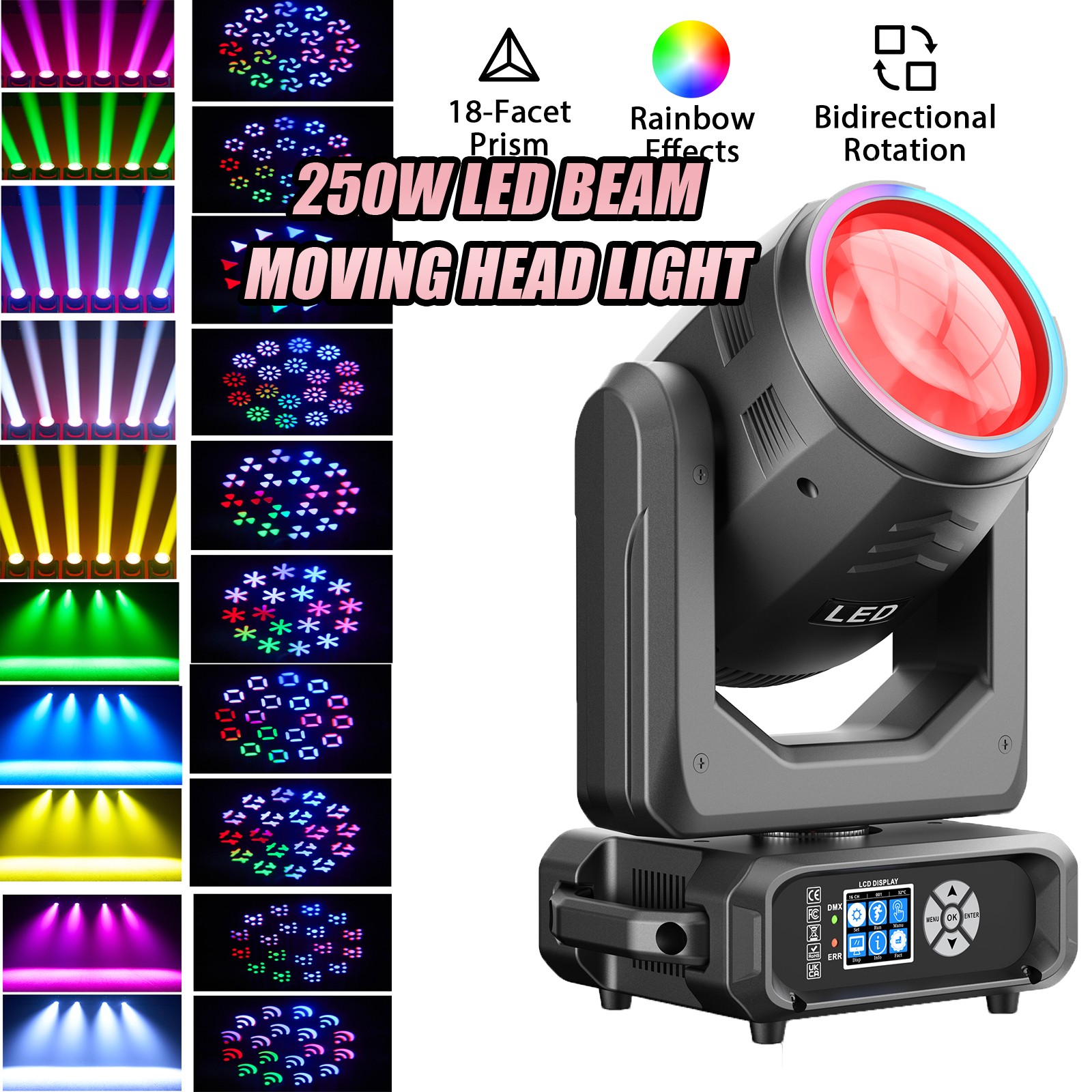 Concert Moving Head 250W LED 18 Prism 50000 Lux 24 RGB Ring DMX512 Stage Light