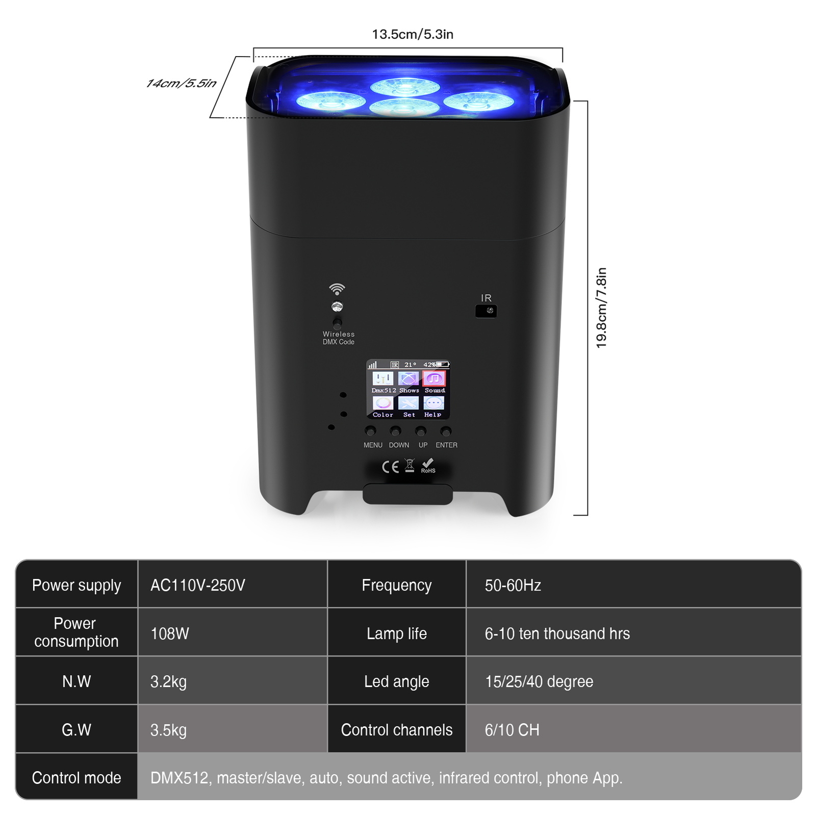 6X18W RGBWA+UV Par Light Rechargeable Battery Wireless DMX Stage Party DJ Lights