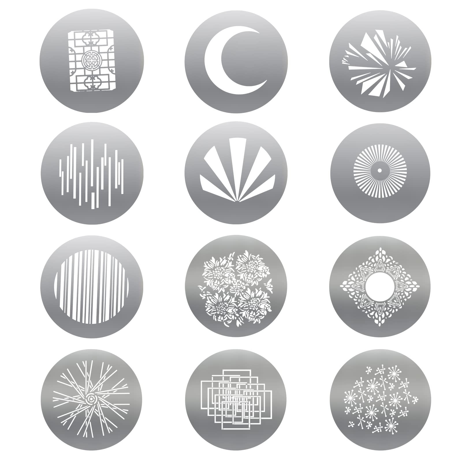 12-Pack Round GOBO Kit, 66mm Metal Plates for Spotlight Lighting Effects