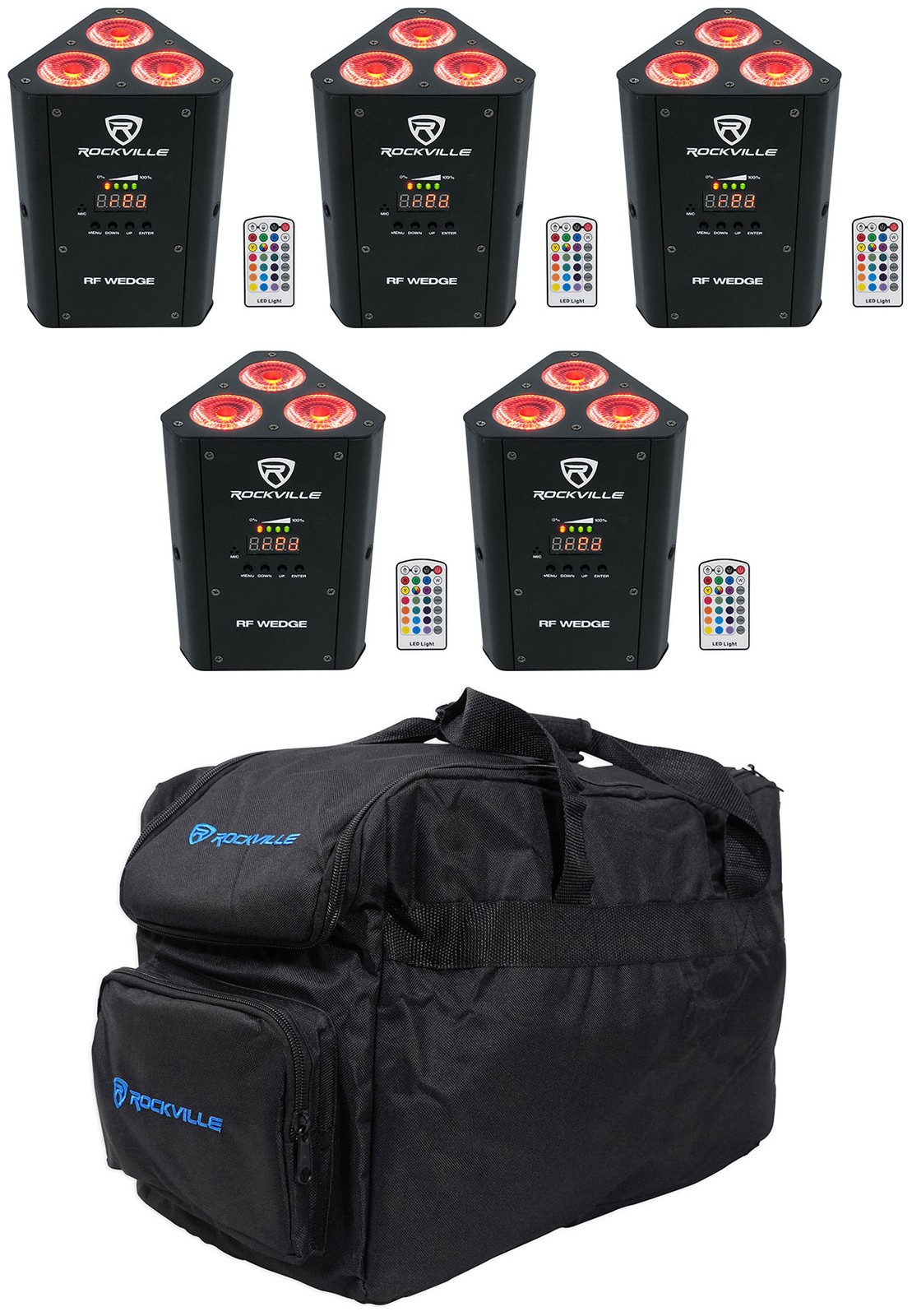 (5) Rockville RF WEDGE BLACK RGBWA+UV Battery Wireless DMX Up Lights+Remotes+Bag