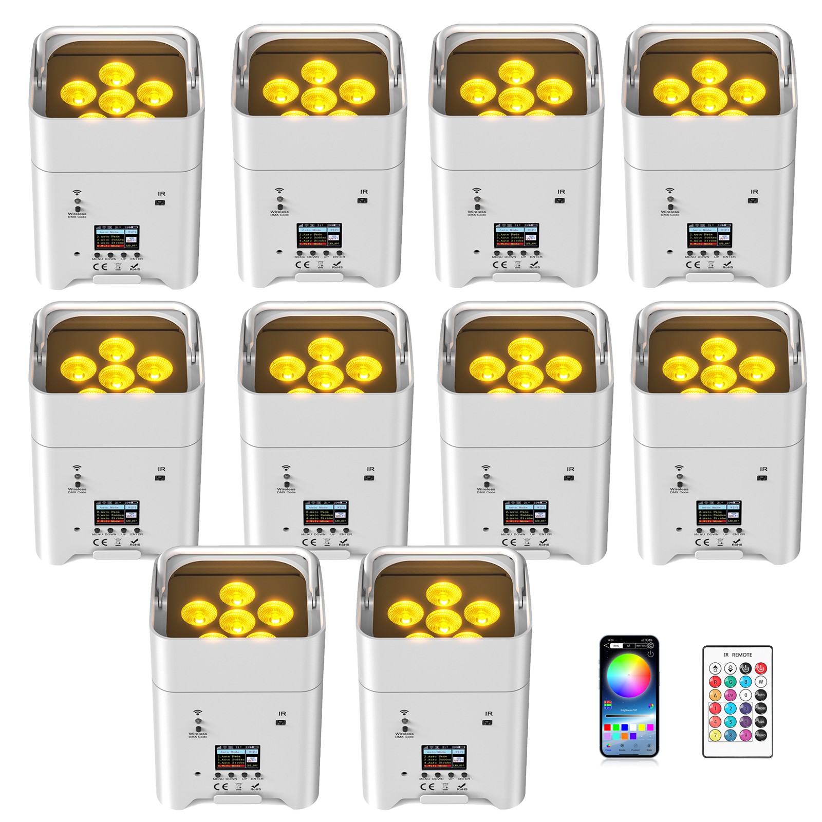 10pcs Uplight Wifi APP Wireless Control 6x18w RGBWA+UV Battery LED Par Lights