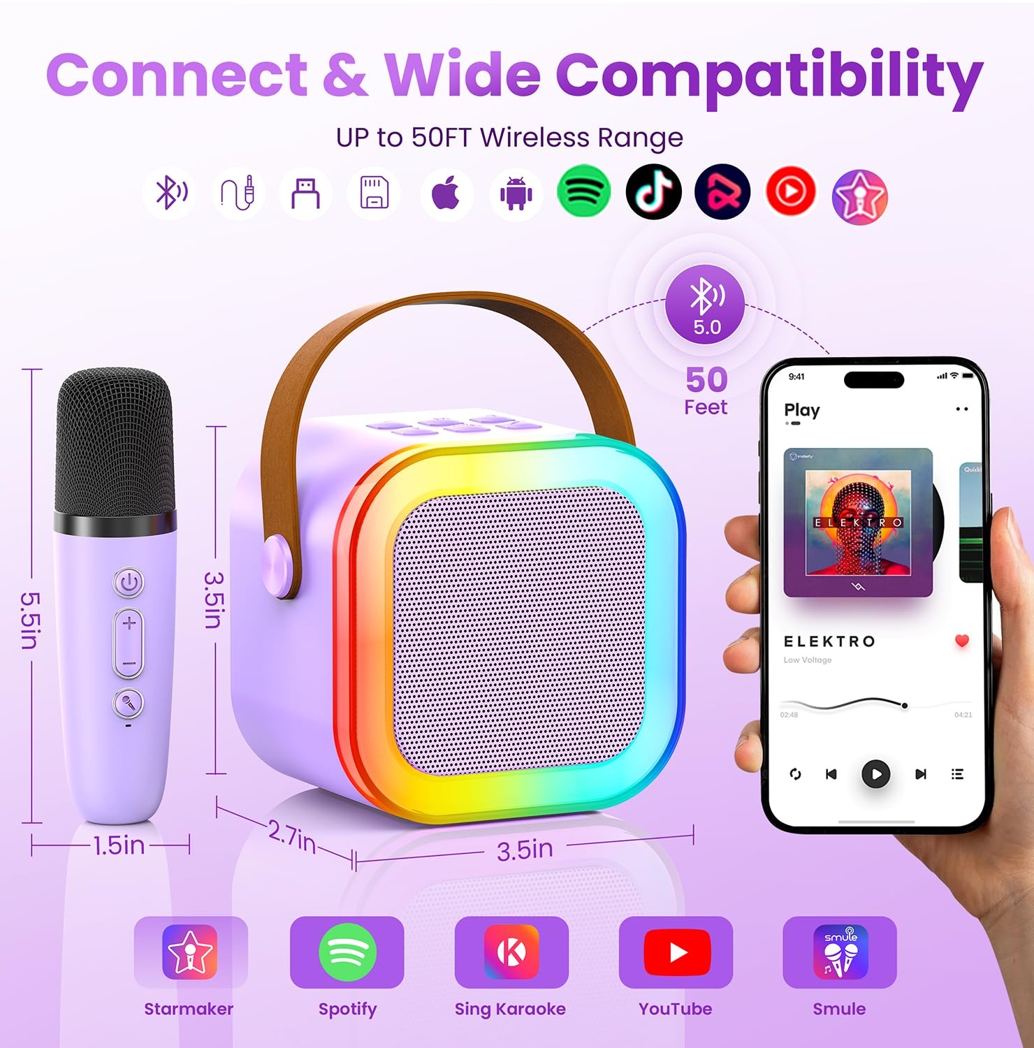 Kids Mini Karaoke Machine, Bluetooth Speaker, 2 Wireless Mics, Purple