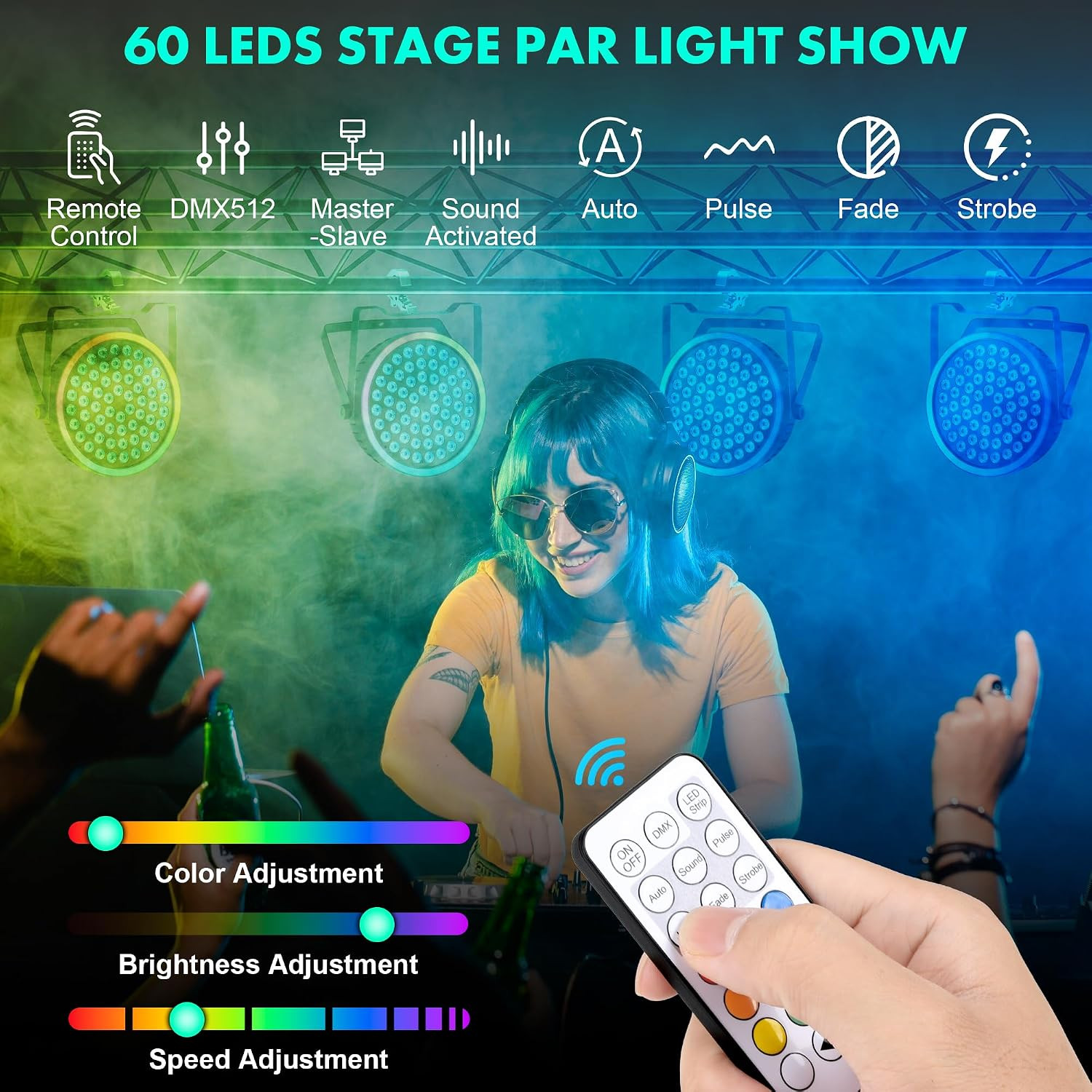 90W RGB Stage Par Lights with Ambient Light Strip – Dual Layer Halo Effect, DMX5