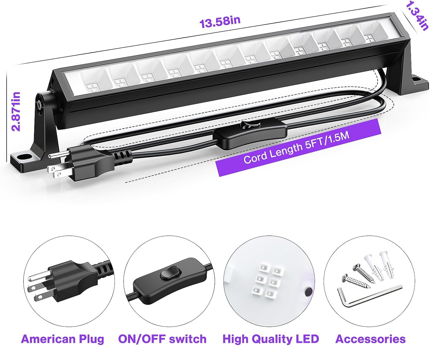 40W LED Black Light Bar for Glow Party, Blacklight with Plug &Switch, Each Light