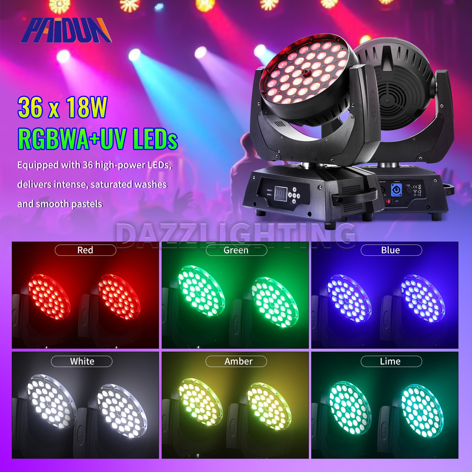 PAIDUN 36x18W LED RGBWA+UV Zoom Wash Moving Head Light Disco Bar DJ Show Party