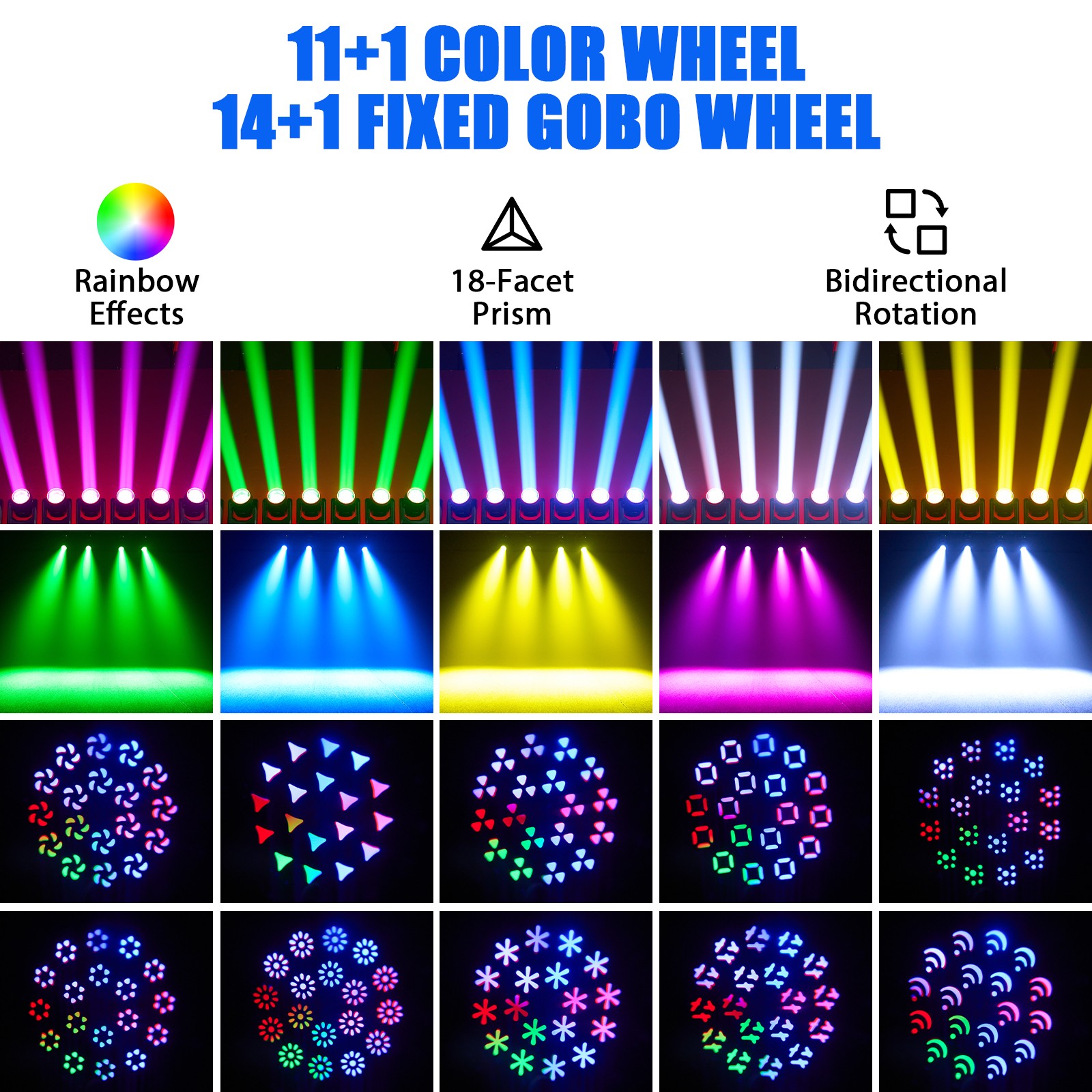 250W LED Moving Head Stage Light DMX RGB Strip 18 Prism 14+1 Gobo Rainbow Effect