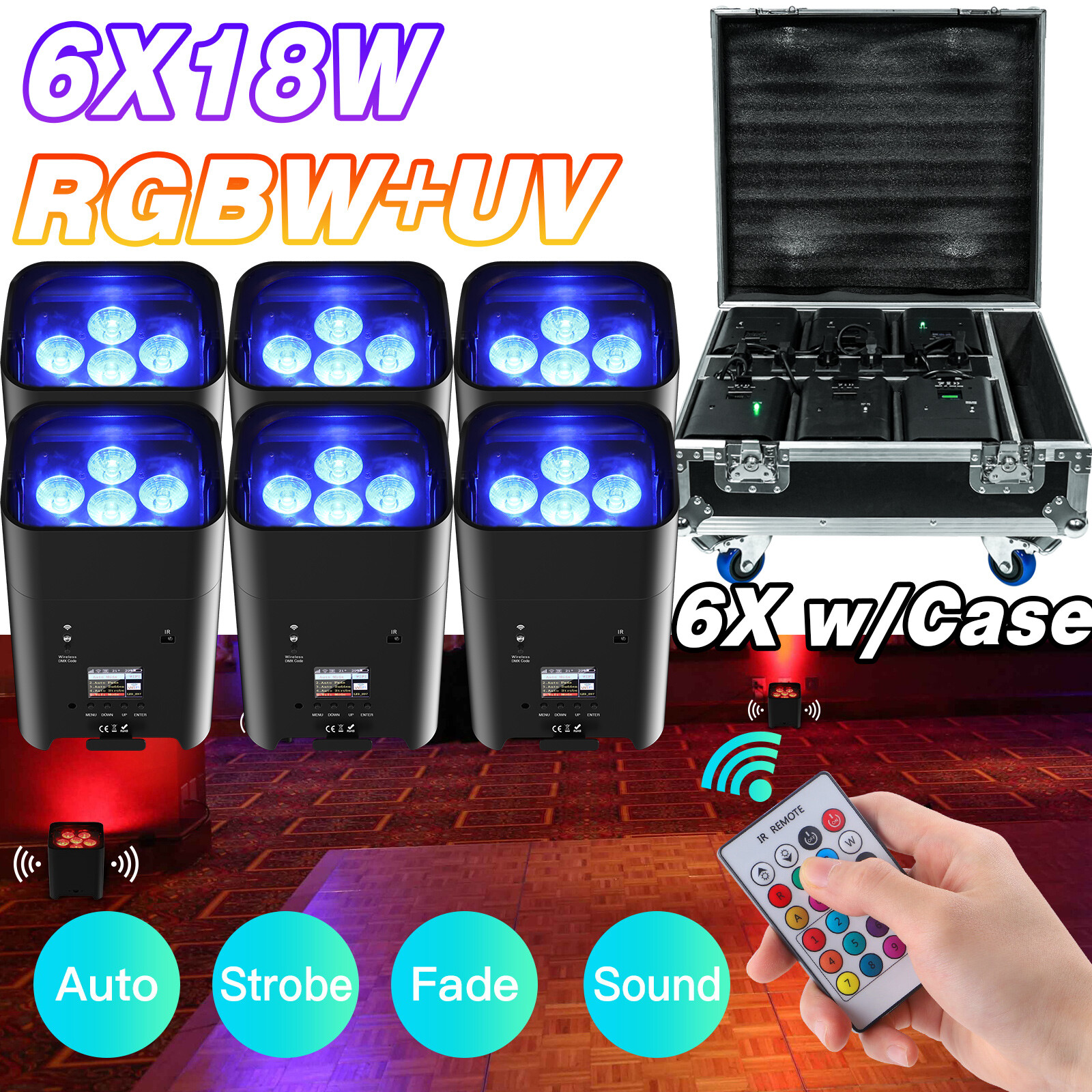 6pcs Rechargeable RGBWA+UV LED PAR Stage DJ Disco Wireless APP DMX Light w/Case