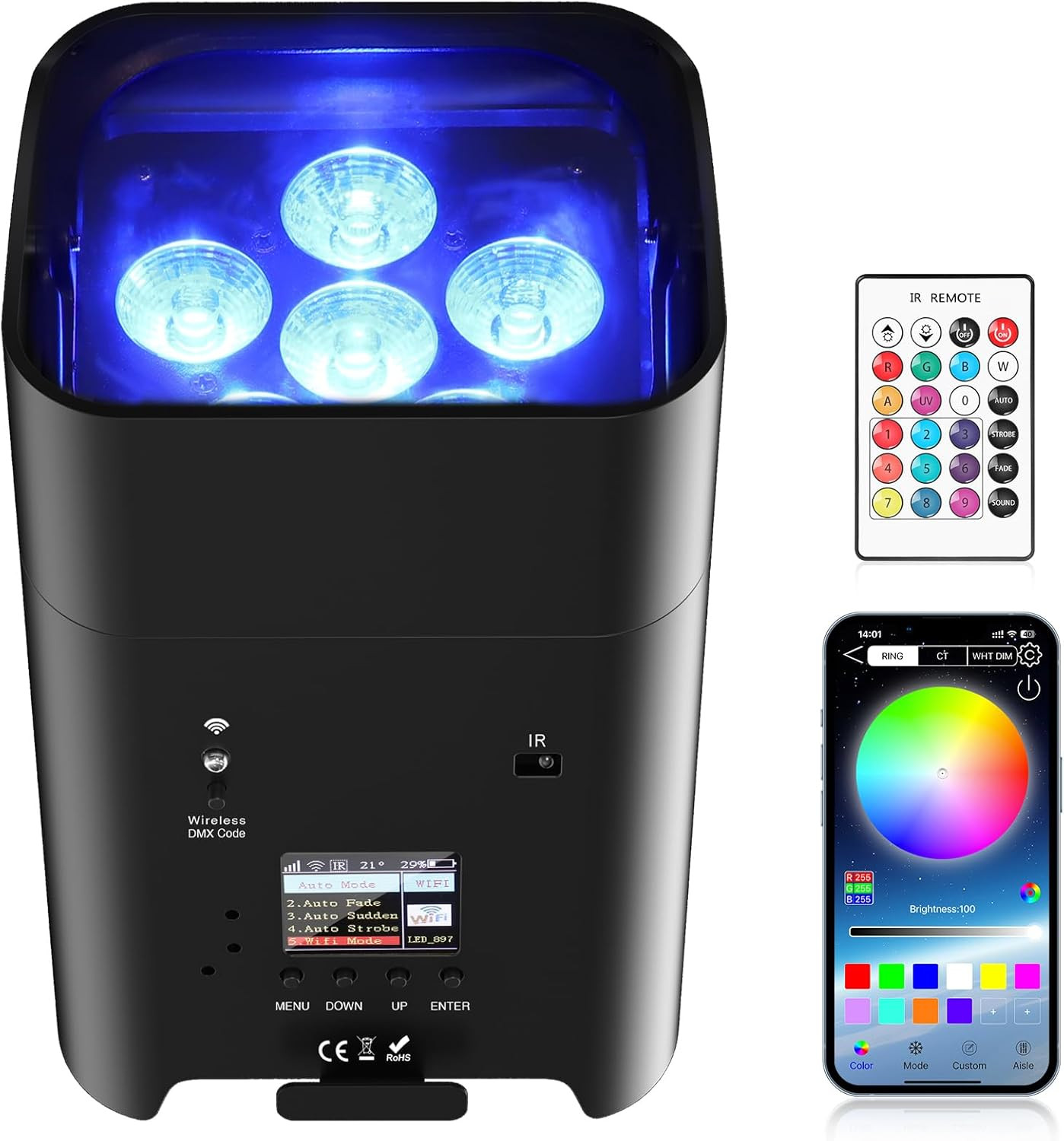 Battery Powered Uplights Rechargeable Par Can 6X18W RGBWA+UV Led Uplight 9600 Ma