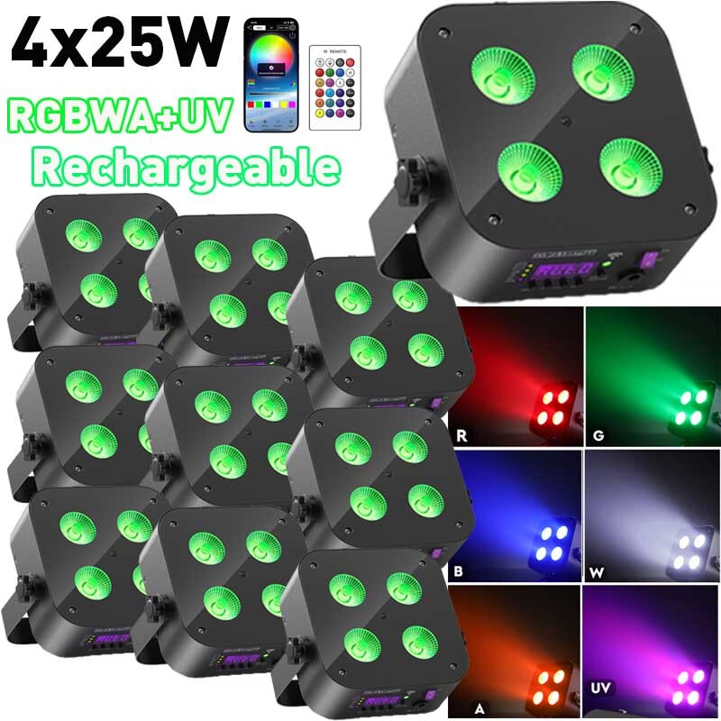 4X25W RGBWA+UV Stage Par Light Rechargeable Wireless Battery Uplight Wedding