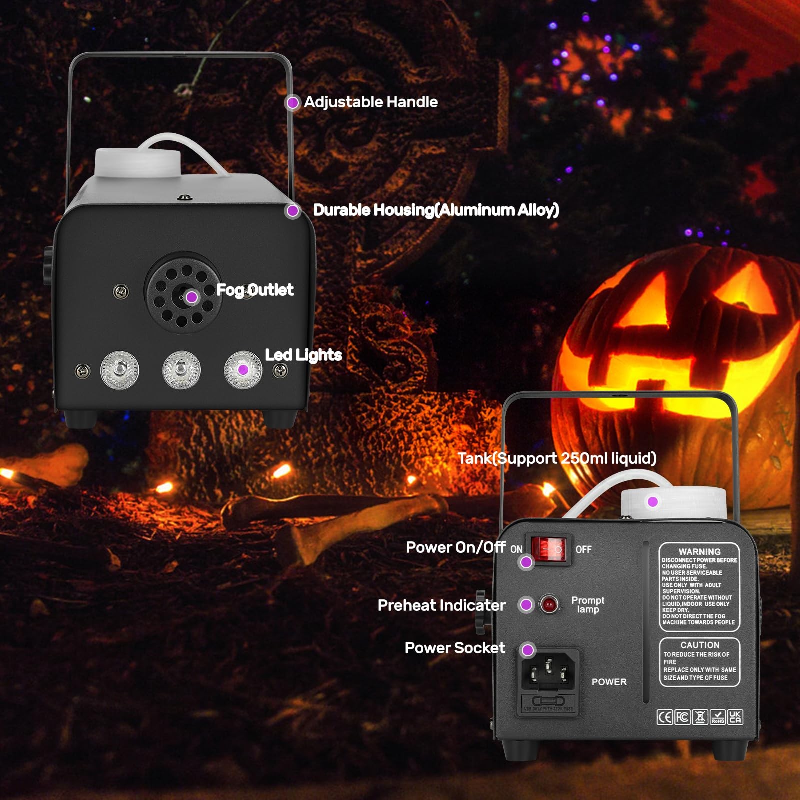 Fog Machine 500W with 14 Color RGB LED Lights and Auto Mode, 2000CFM Smoke Ma…