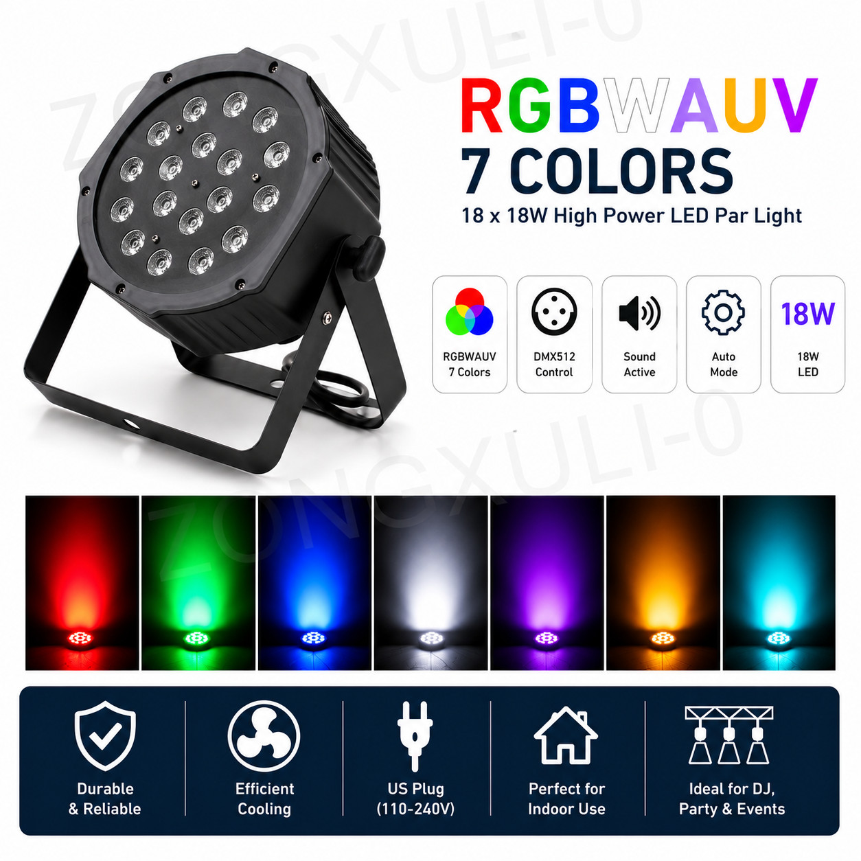 18W 7 Channel RGB LED Flat PAR DMX Control Club DJ Stage Effect Light Party Xmas