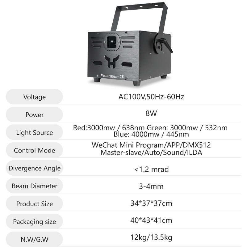 8W Full Color Animation Laser Light DMX512 ILDA App Control for Wedding Dj Show