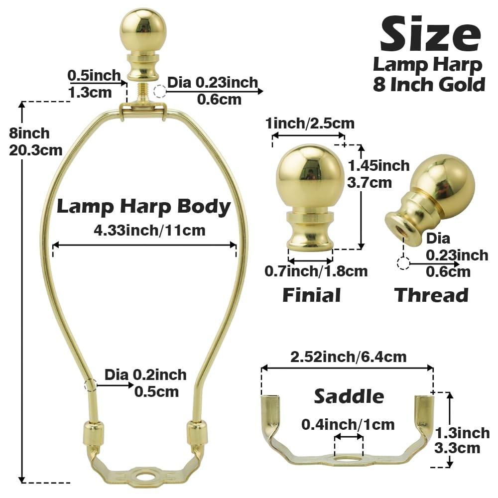 2 PCS Gold 8 Inch Lamp Shade Harp Holder Finial Detachable Bracket Adapter Kit