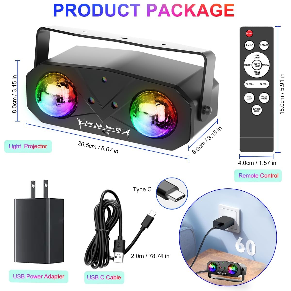 Disco Ball Light Projector – Sound Activated Strobe DJ Dance Light with Remote f