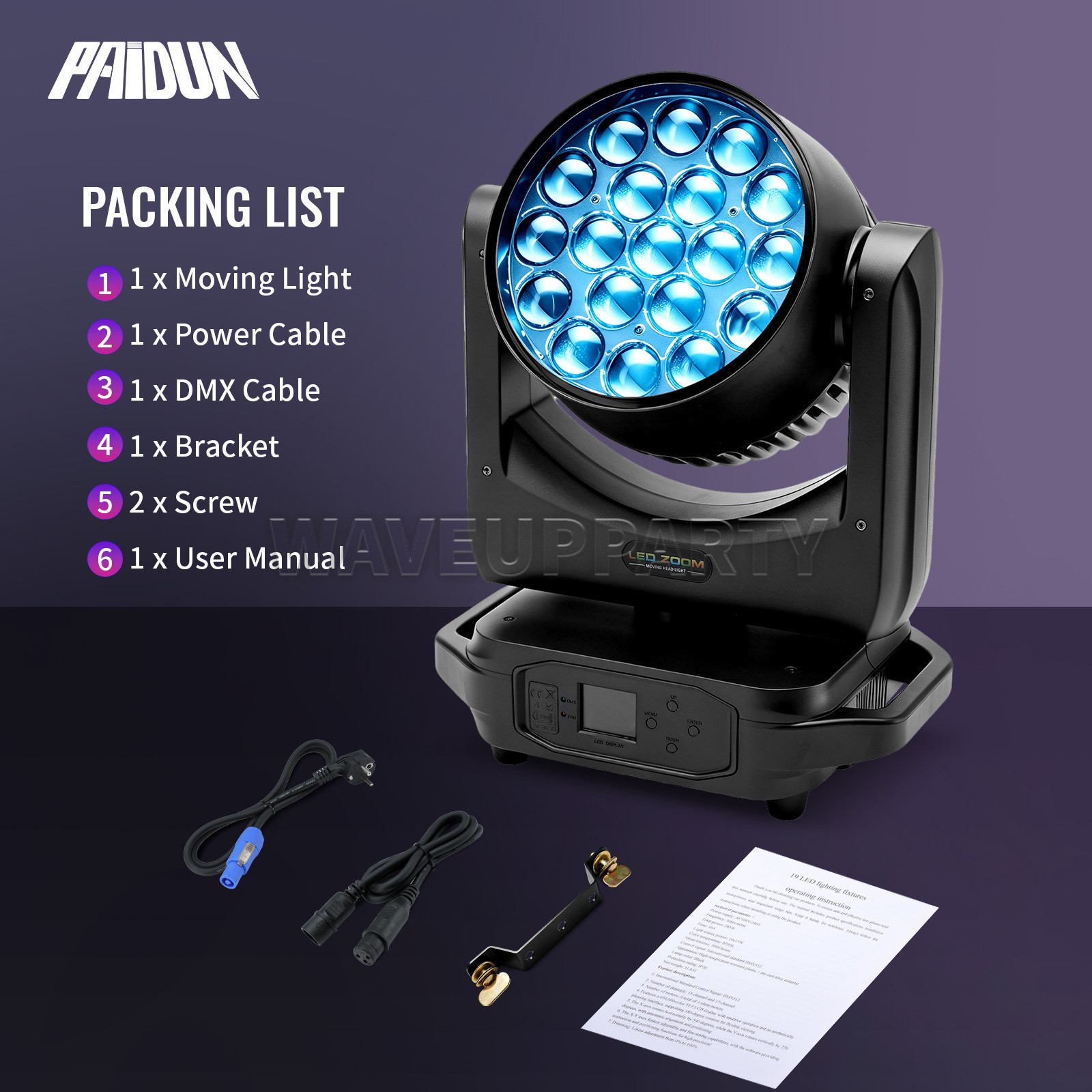 PAIDUN 1/2/4PCS 19x15W LED RGBW Zoom Wash Moving Head Light DJ Disco Party Show