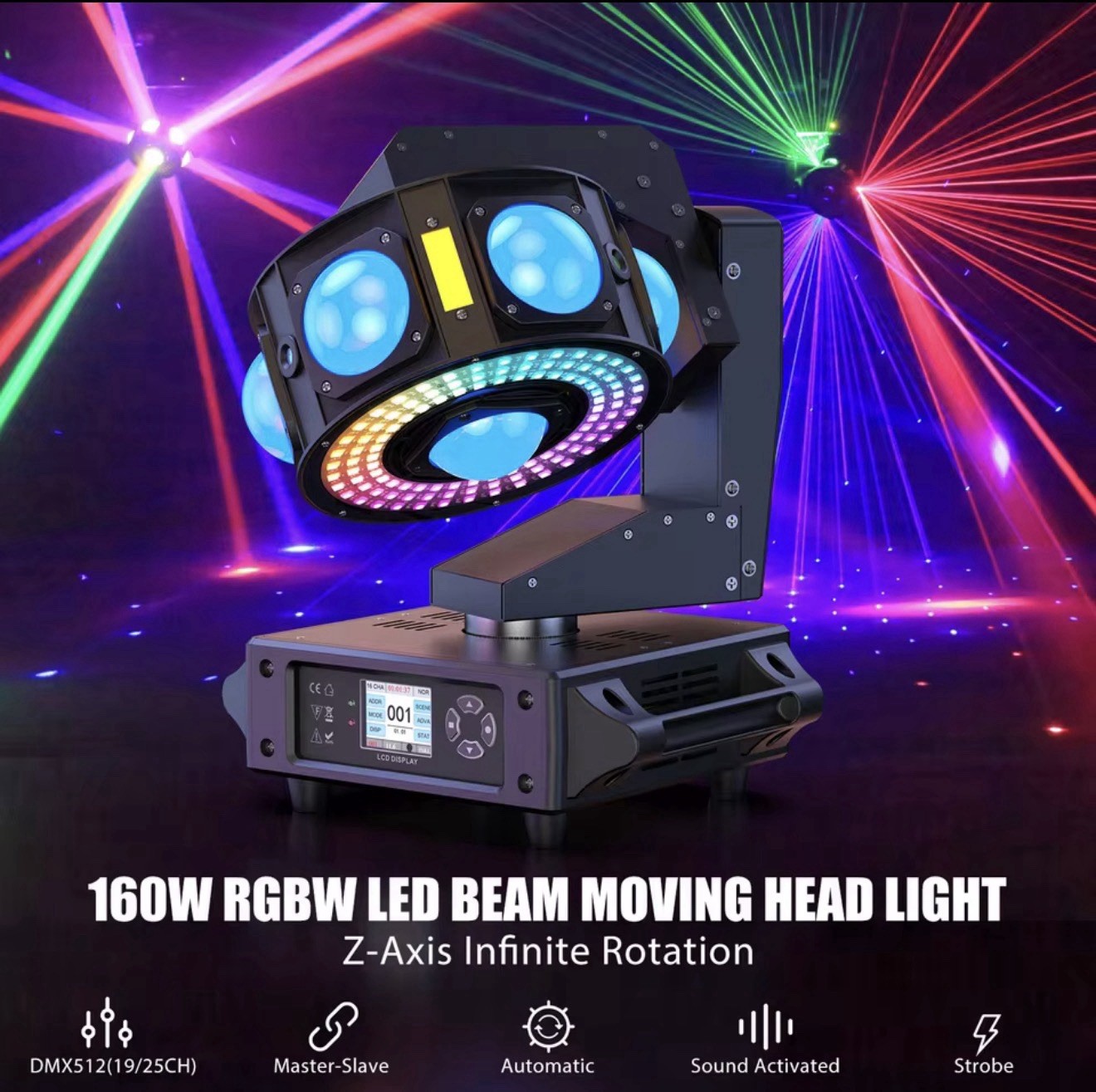 160W 3-Axis Moving Headlights RGBW 540” Rotation DJ Light With Strode Effect