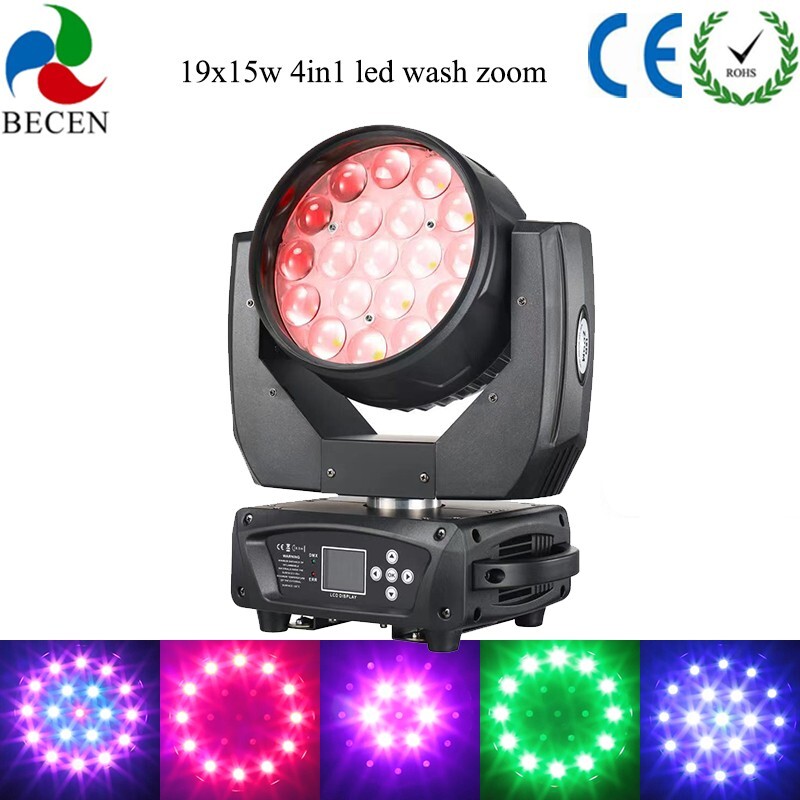 BECEN 1pcs DMX512 19x15w RGBW 4in1 Led Wash Zoom Moving Head Light Show Lights