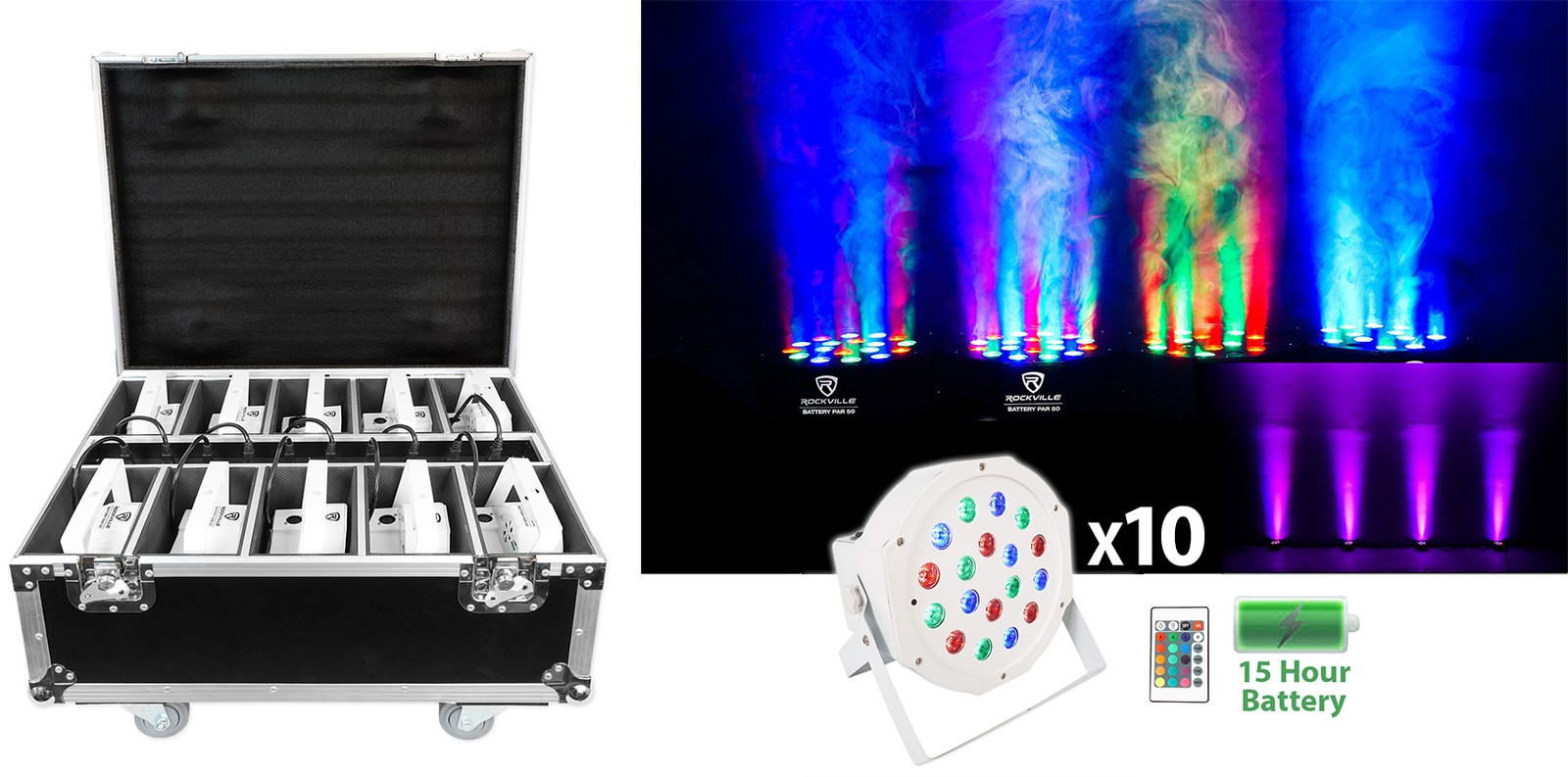 Rockville BATTERY PAR PACK 50 WHITE (10) Rechargeable Wash Lights+Charging Case