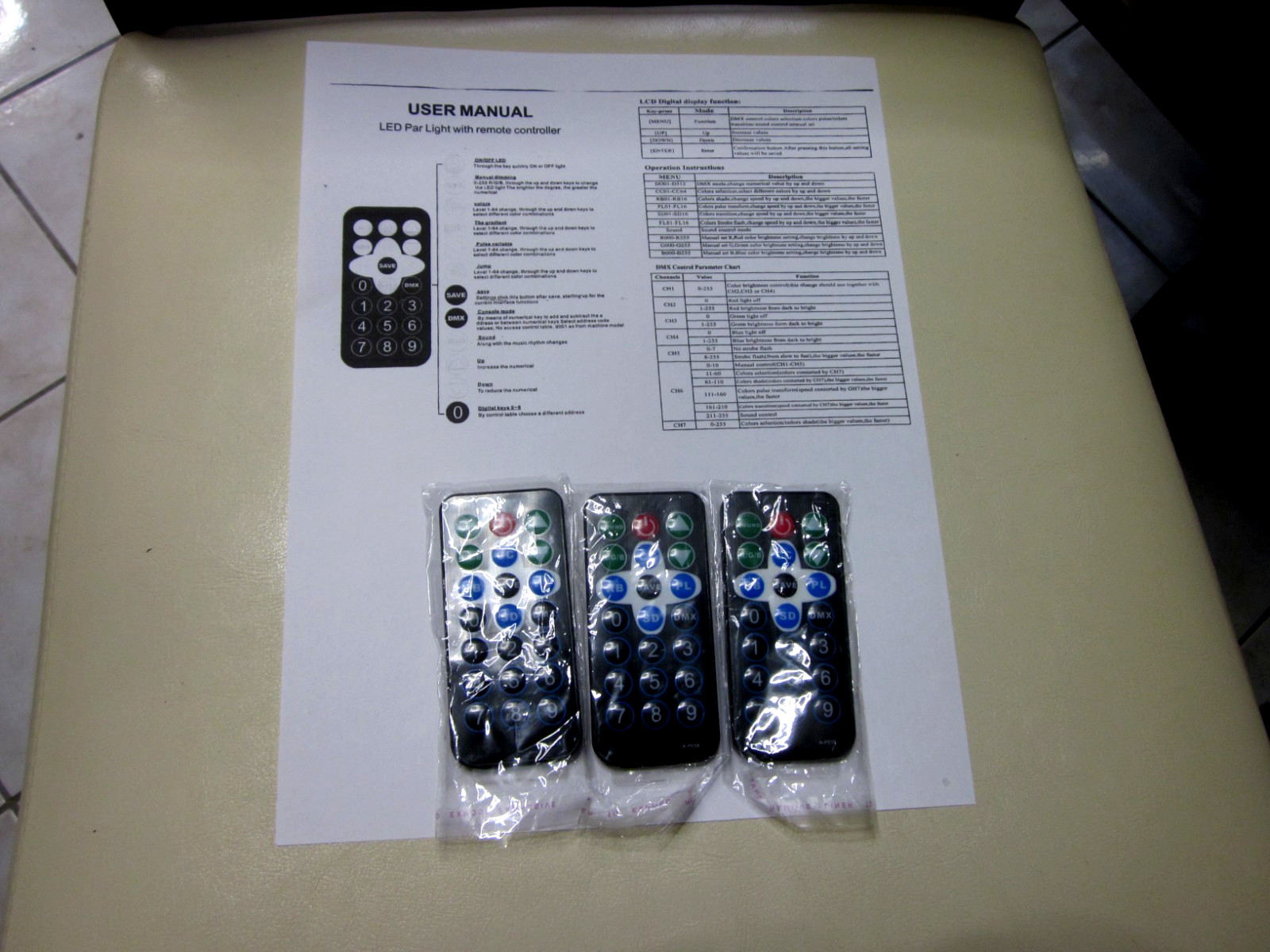 Qty (3) LED PAR DISCO PARTY LIGHTS REMOTE CONTROLLER’s /China W/MANUAL