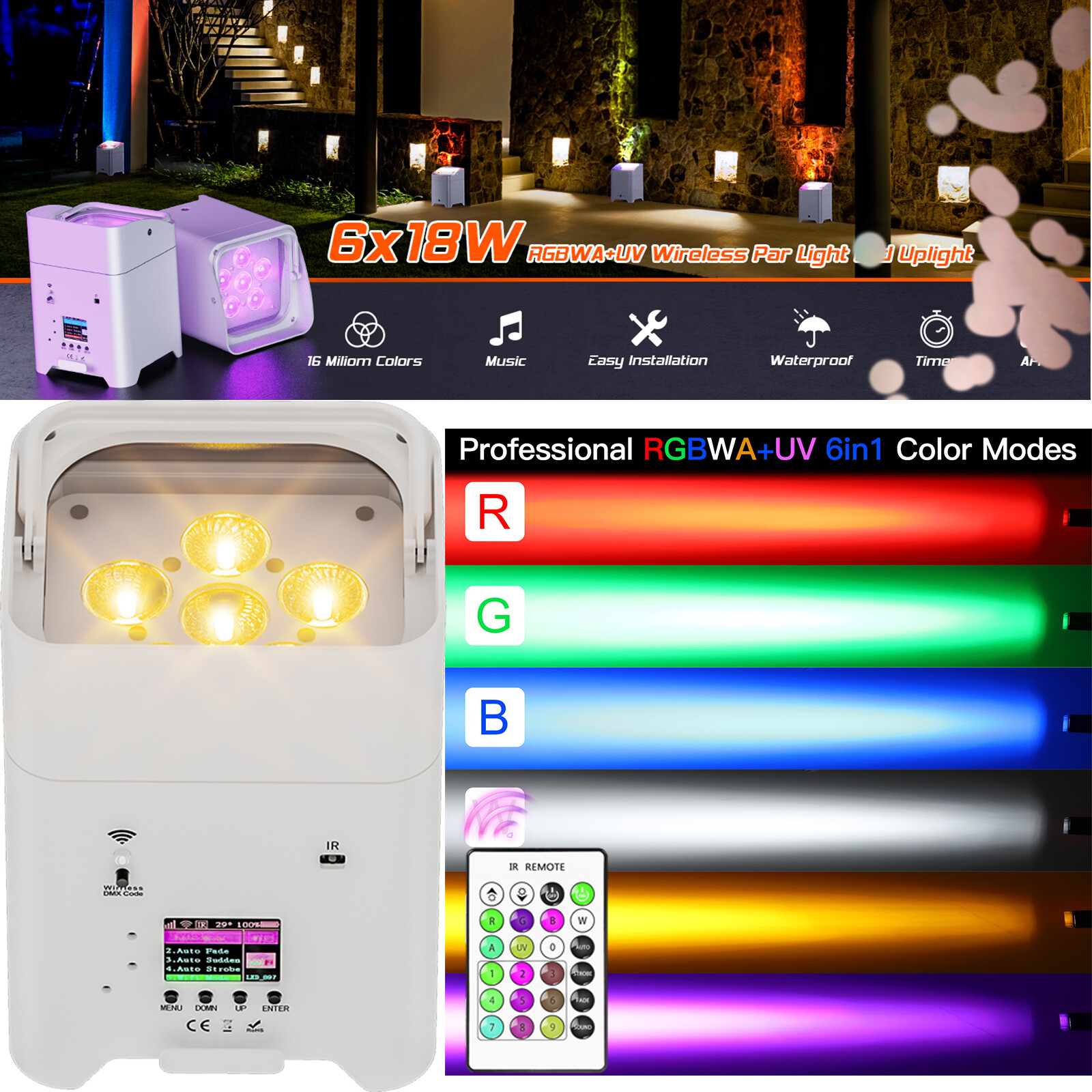 6Pcs 6x18W RGBWA+UV Wifi APP Wireless Remote Control Par up Light wash With Case
