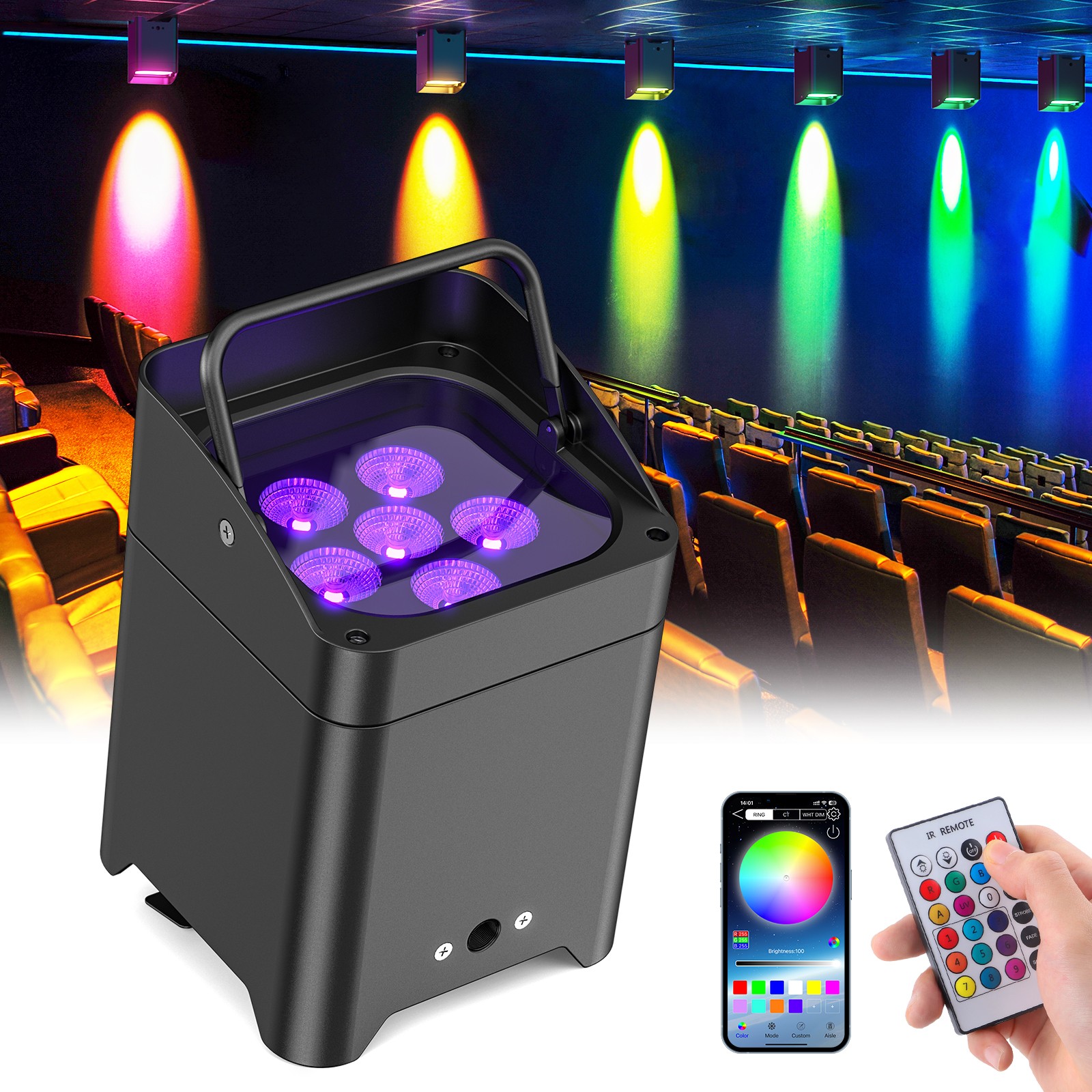 108W Par Quad 6 Battery Powered LED Uplight RGBWA+UV Wifi APP DMX Wireless Par