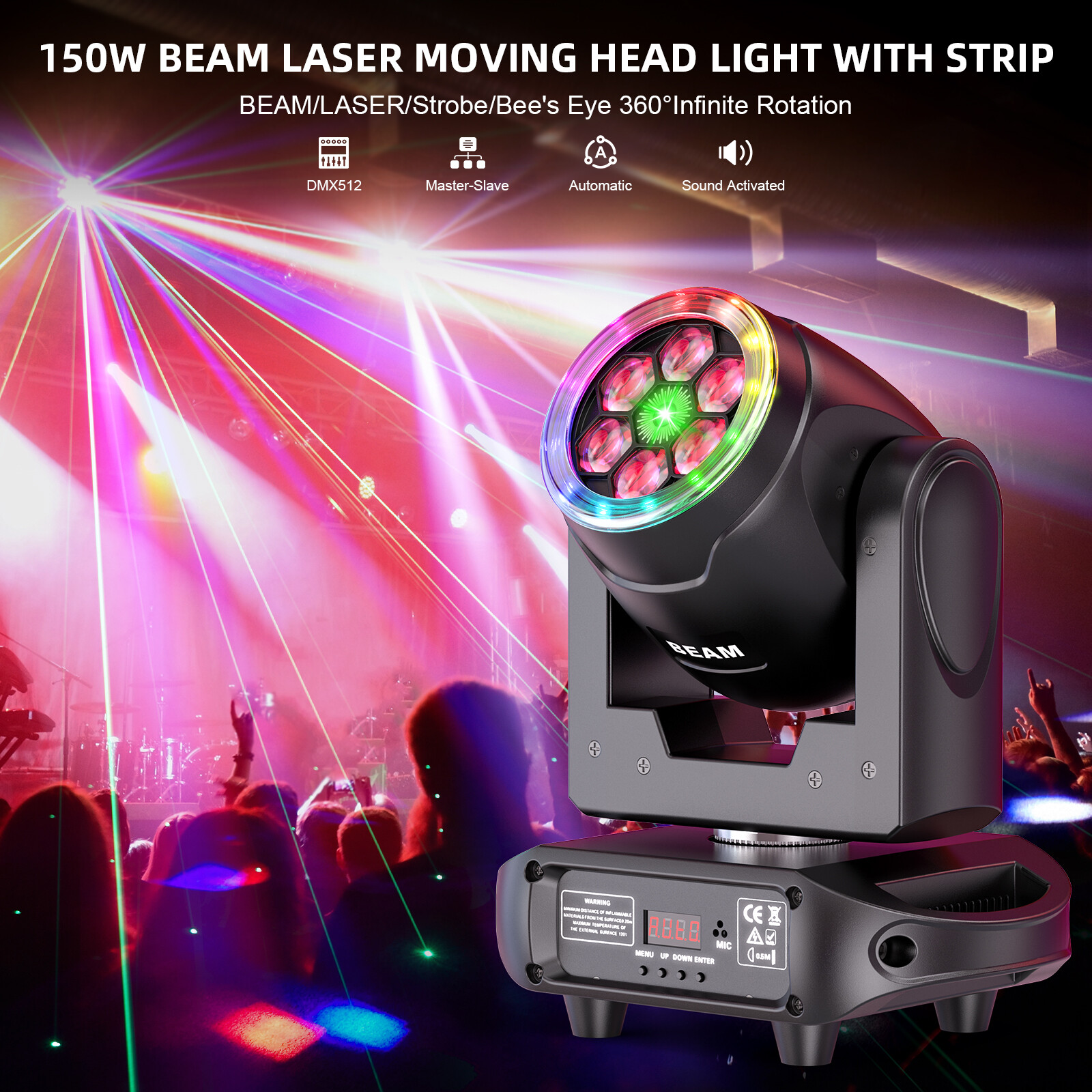 150W Bee Eye Laser 6LEDs Moving Head Stage Light RGBW DMX Beam DJ Disco Bar Lamp