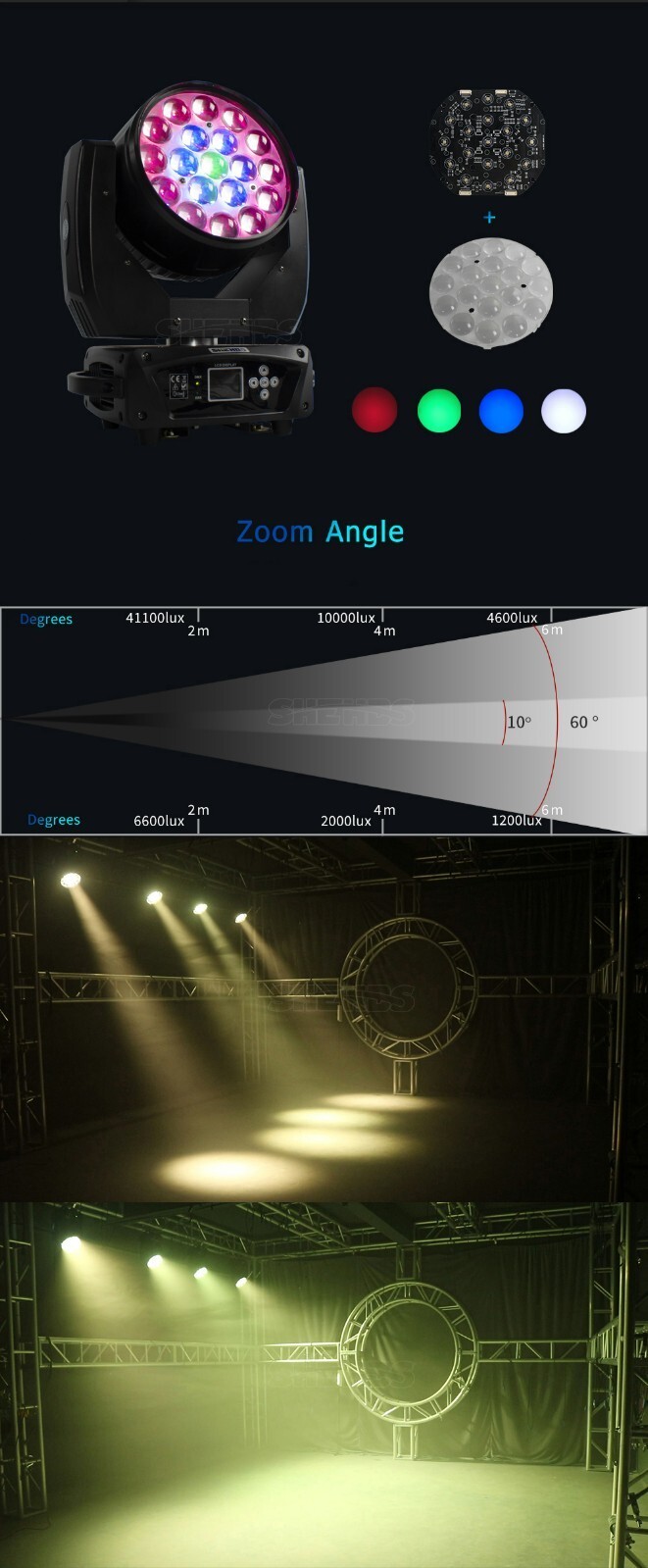 19x15W/19x20W LED RGBW Moving Head Light Beam Wash Zoom Or Case Party Show Disco