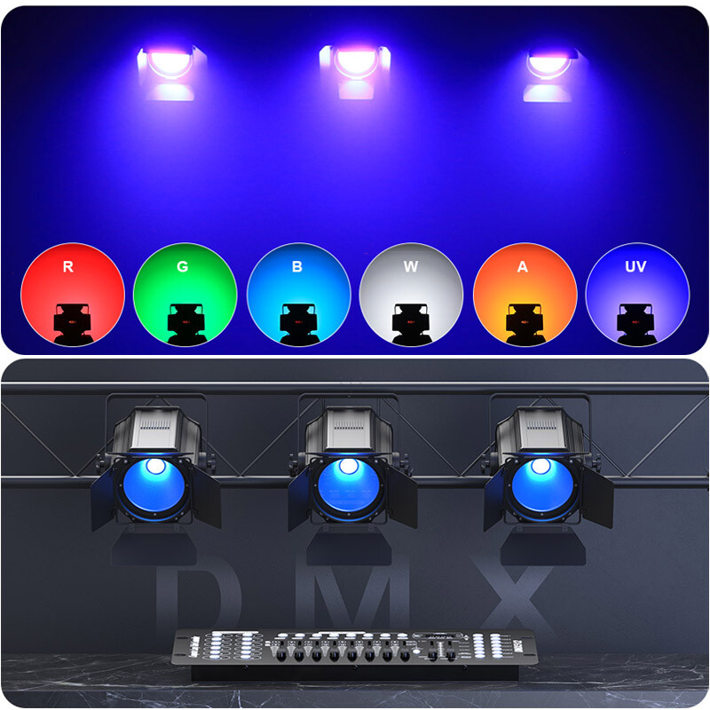 Par Light 6IN1 RGBWA+UV COB 200W Spotlights w/Barn Door DJ Disco Stage Lighting