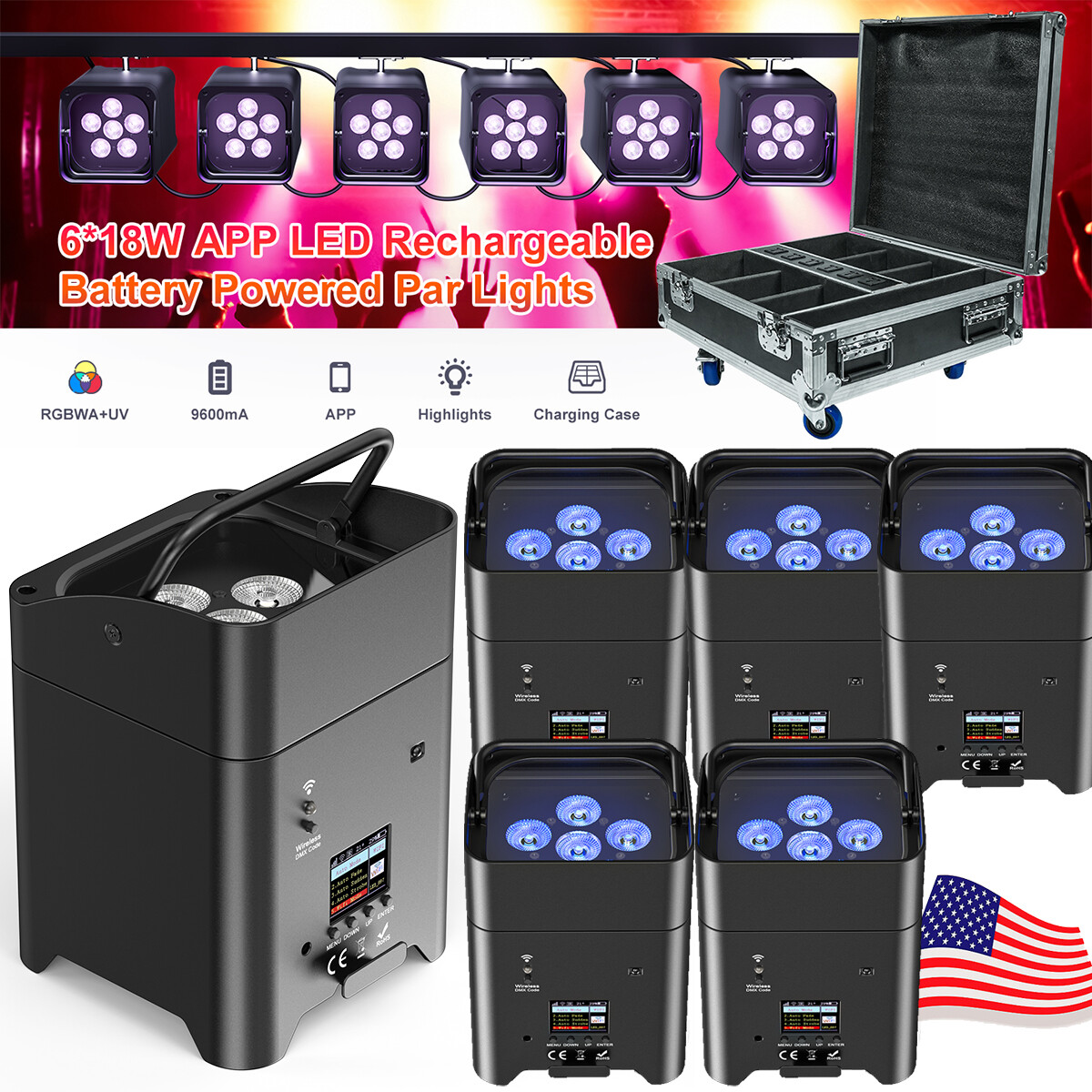 Rechargeable RGBWA+UV WiFi Stage Par Light Wireless Battery Uplights Wedding DJ