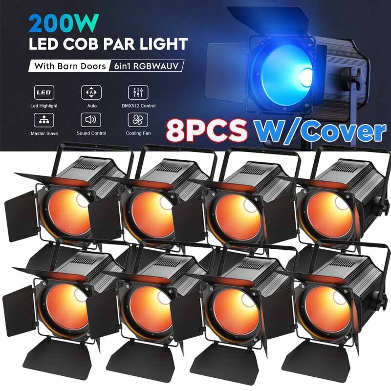 Par Light RGBWA+UV COB 200W Spotlights w/Barn Door DJ Disco Stage Lighting DMX