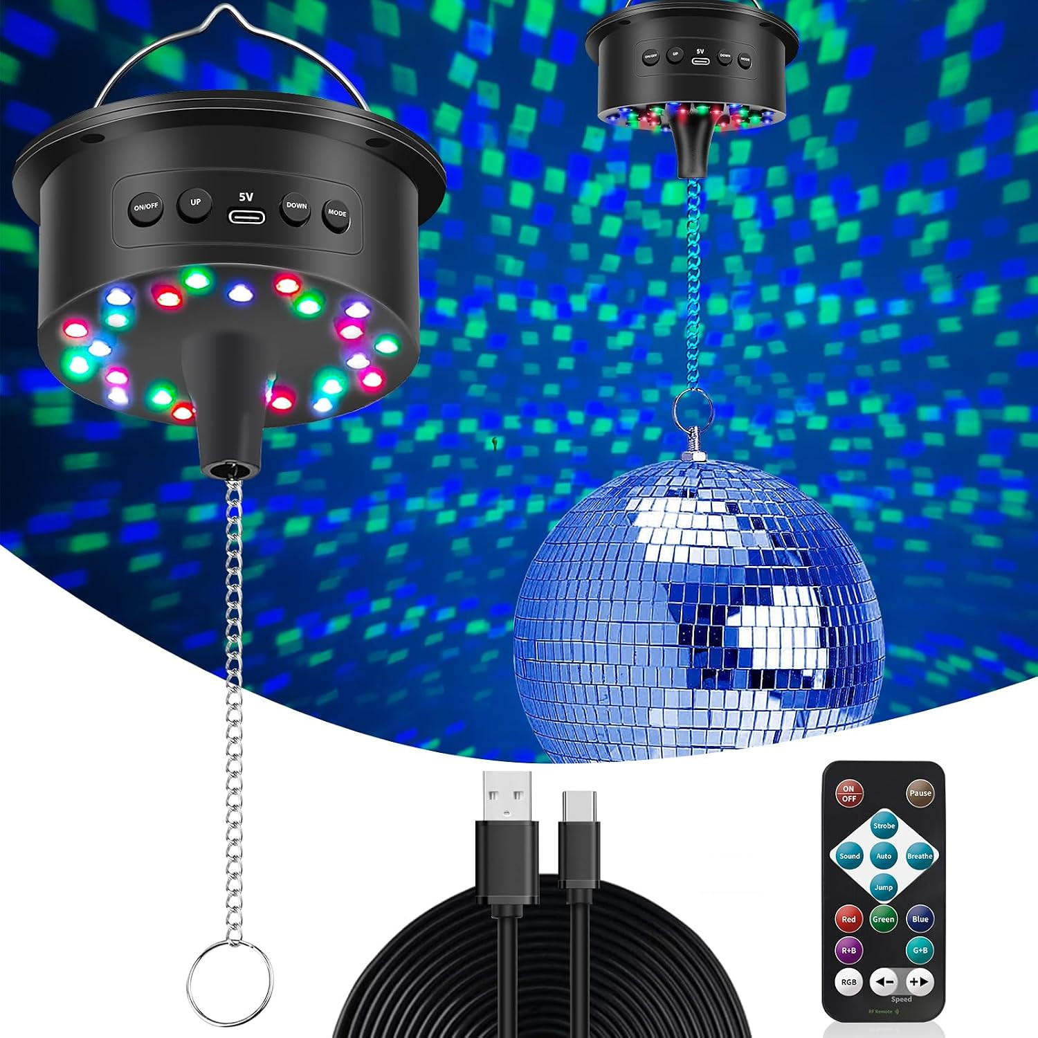 Disco Ball Motor with 17FT USB Cable, 3-15 RPM & 30 Leds Disco Ball Motor with R