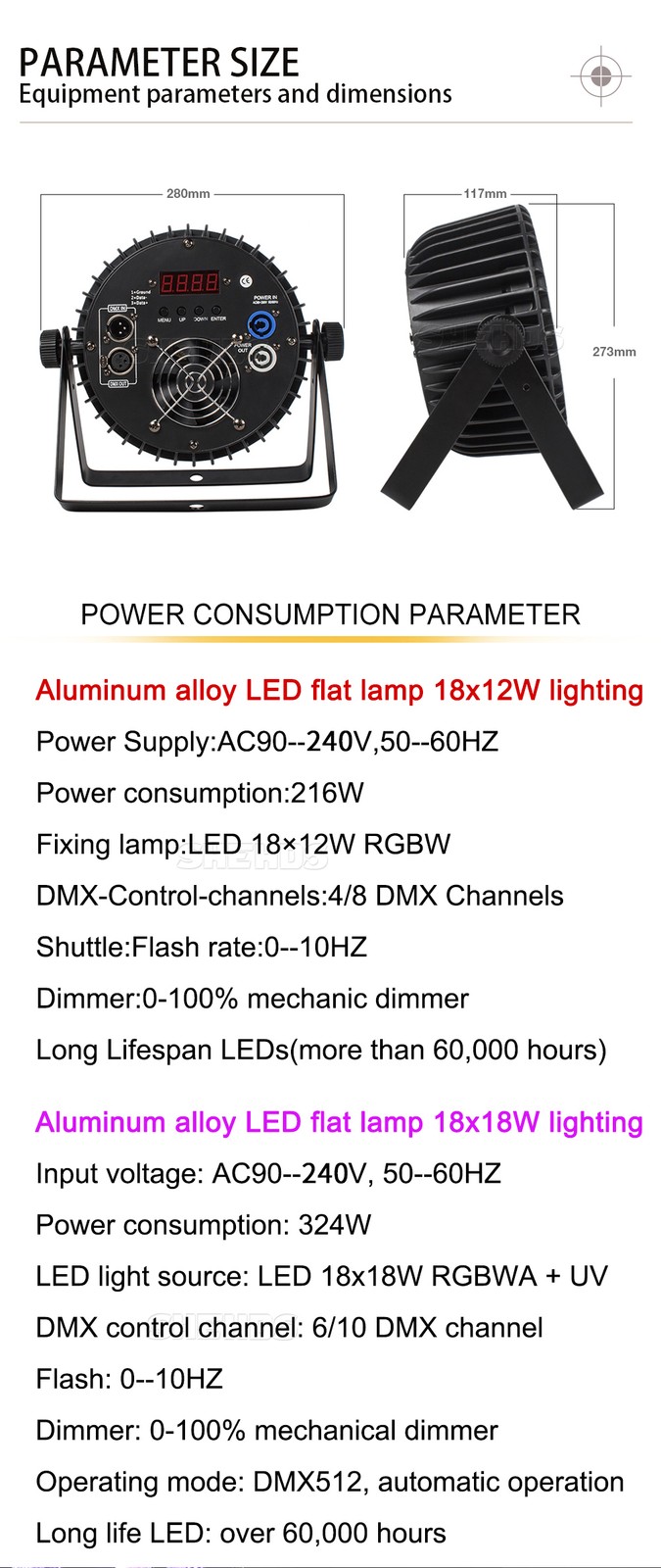 SHEHDS 18x18W Aluminum LED RGBWA+UV 6in1 Flat Par Light For Stage Party DJ Light
