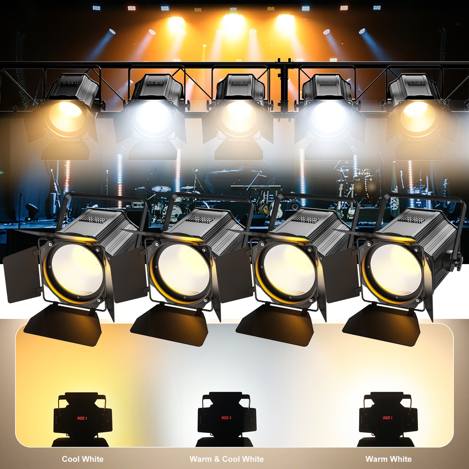 200W COB Par Light Warm & Cold White Spotlights with Barn Door DJ Stage Lighting