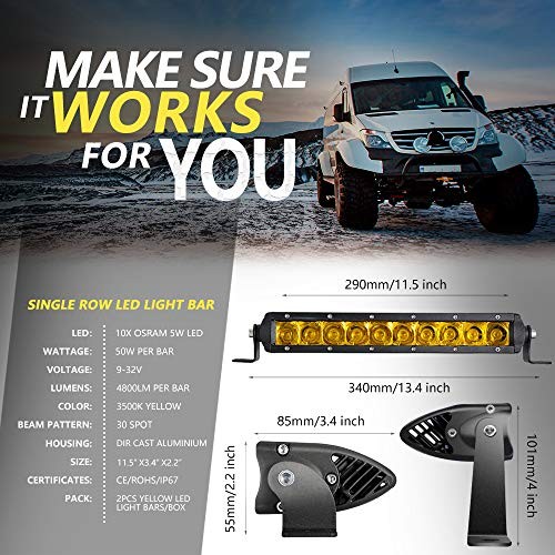 UTV Led Light Bar, 11 Inch Single Row Yellow Spot Led Off Road Spot-1 PC
