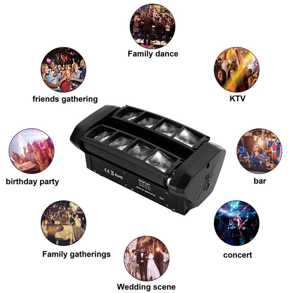 80W 8 LED Spider Moving Head Beam Stage Lighting RGBW DMX Disco Party DJ Lights