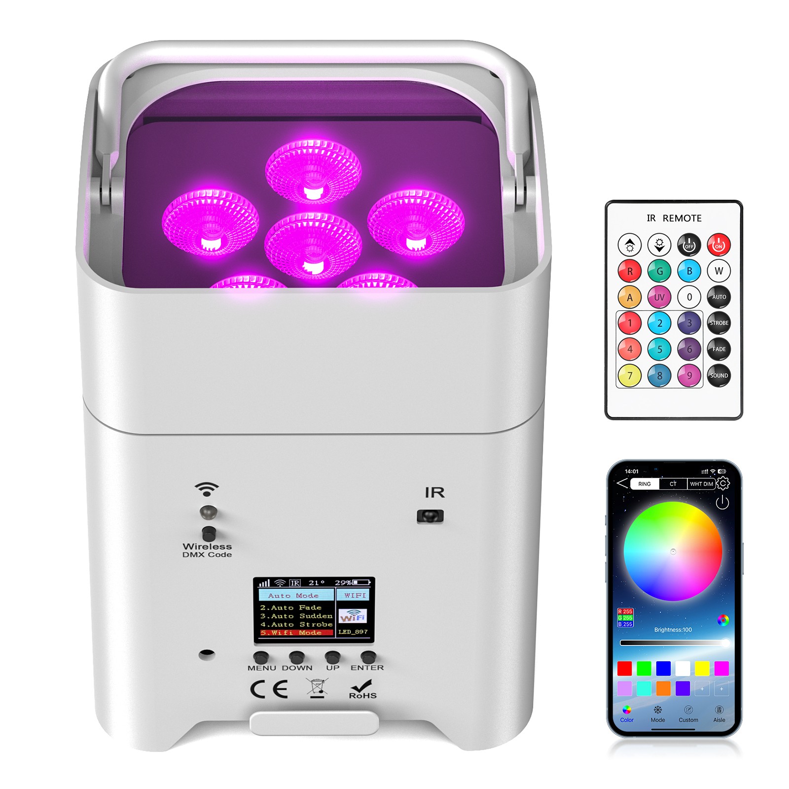 Wireless LED Stage Uplight 6X18W RGBWA+UV Rechargeable Par Light for Wedding DJ