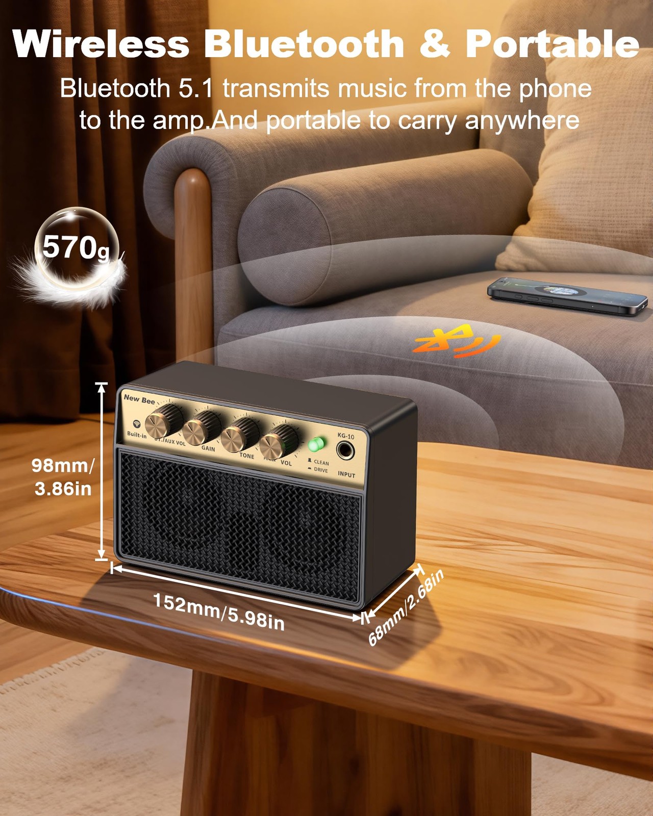Guitar Amp with Clean Drive, 3.5mm /AUX 6H Work for Indoor Practice Travel