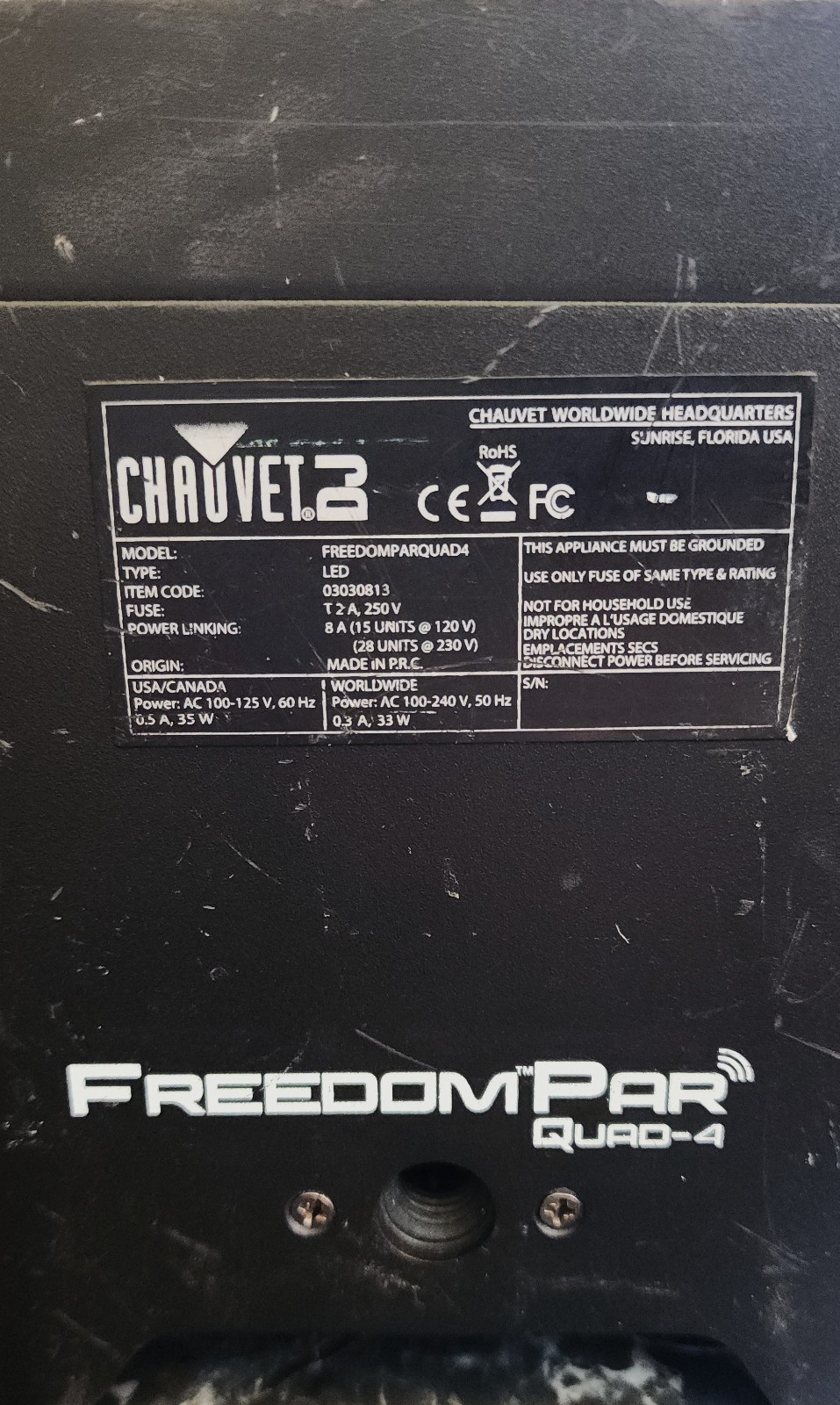 Chauvet DJ Freedom Par Quad-4 Wireless LED PAR Fixture, DMX, Color Mixing