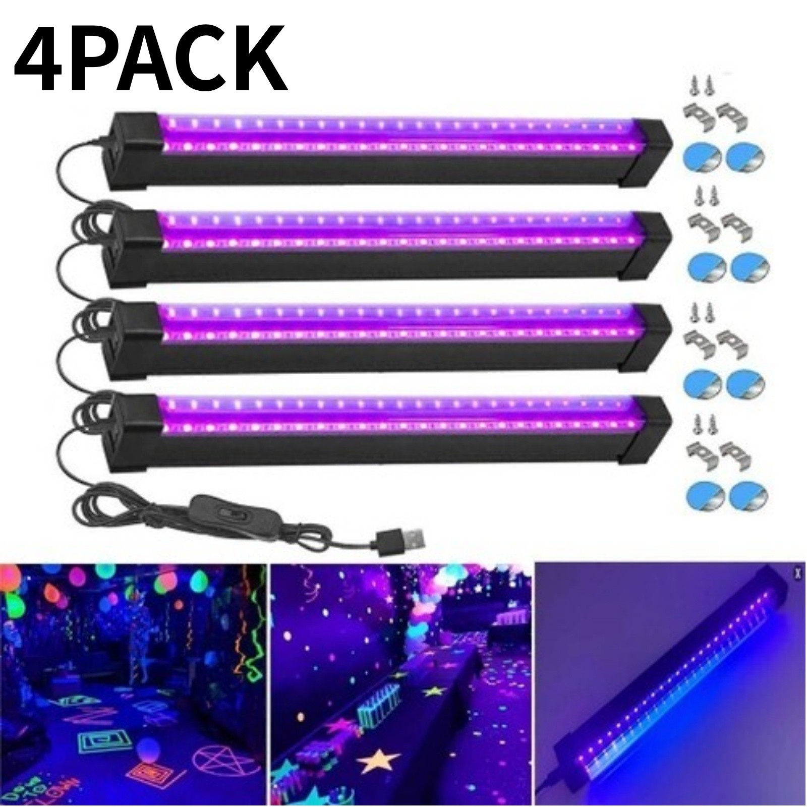 4PCS UV Black Light Bar Fixtures Ultraviolet Lamp Strip US Plug DJ Party Club A