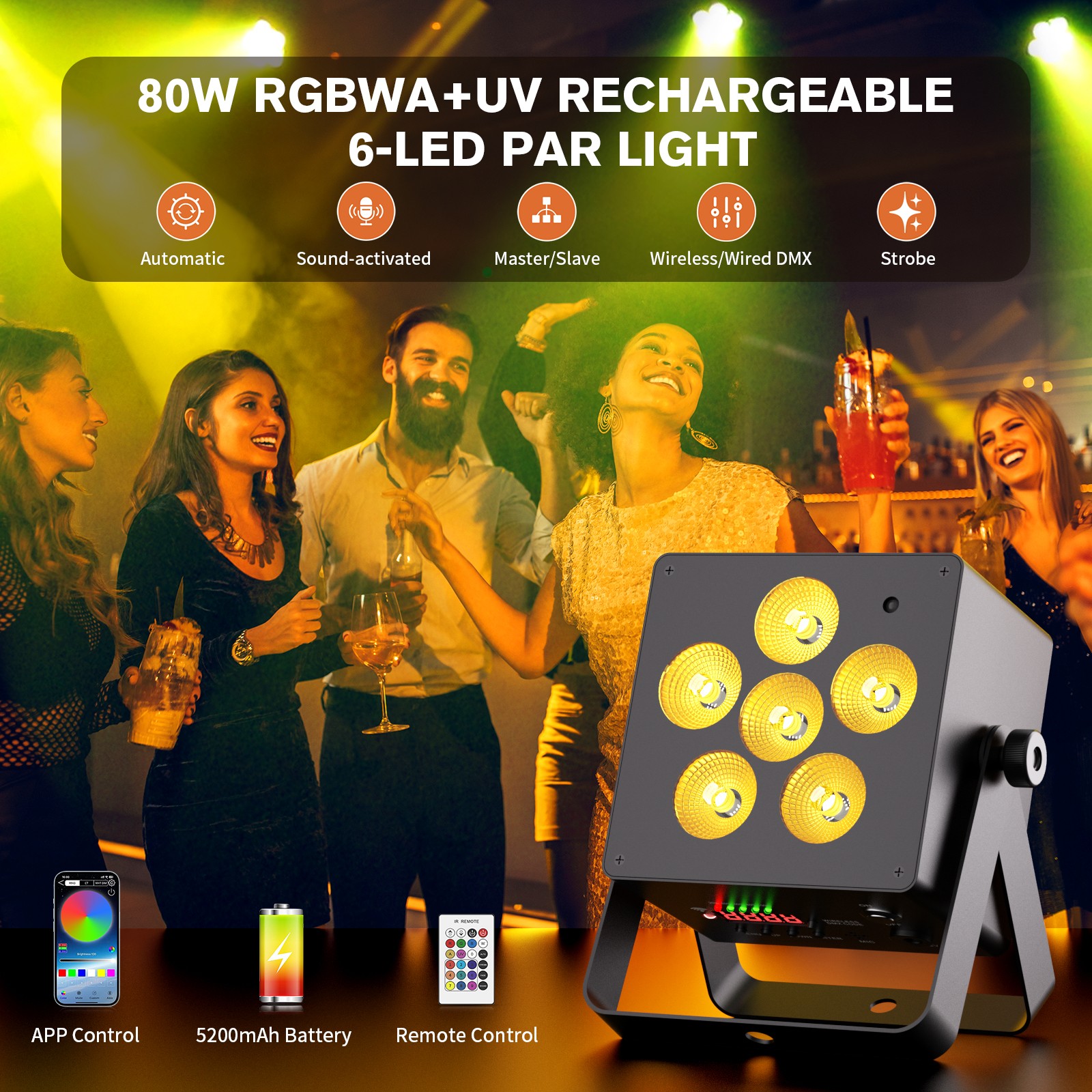 80W RGBW+UV Rechargeable 6-LED Par Can Light App Control For Show Disco