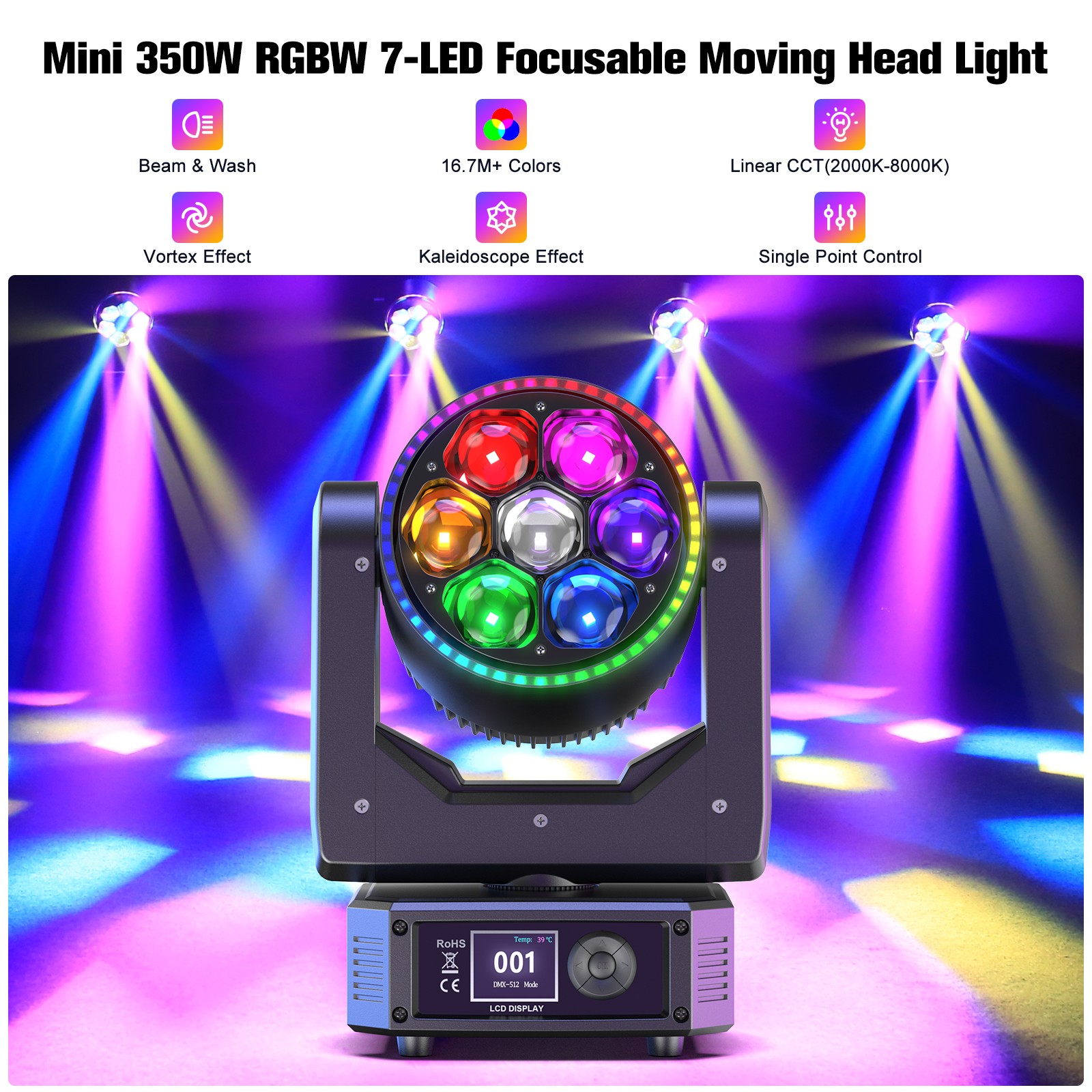 7X50W LED Zoom Moving Head Stage Lights RGBW Wash Bee Eye Lighting Party DMX