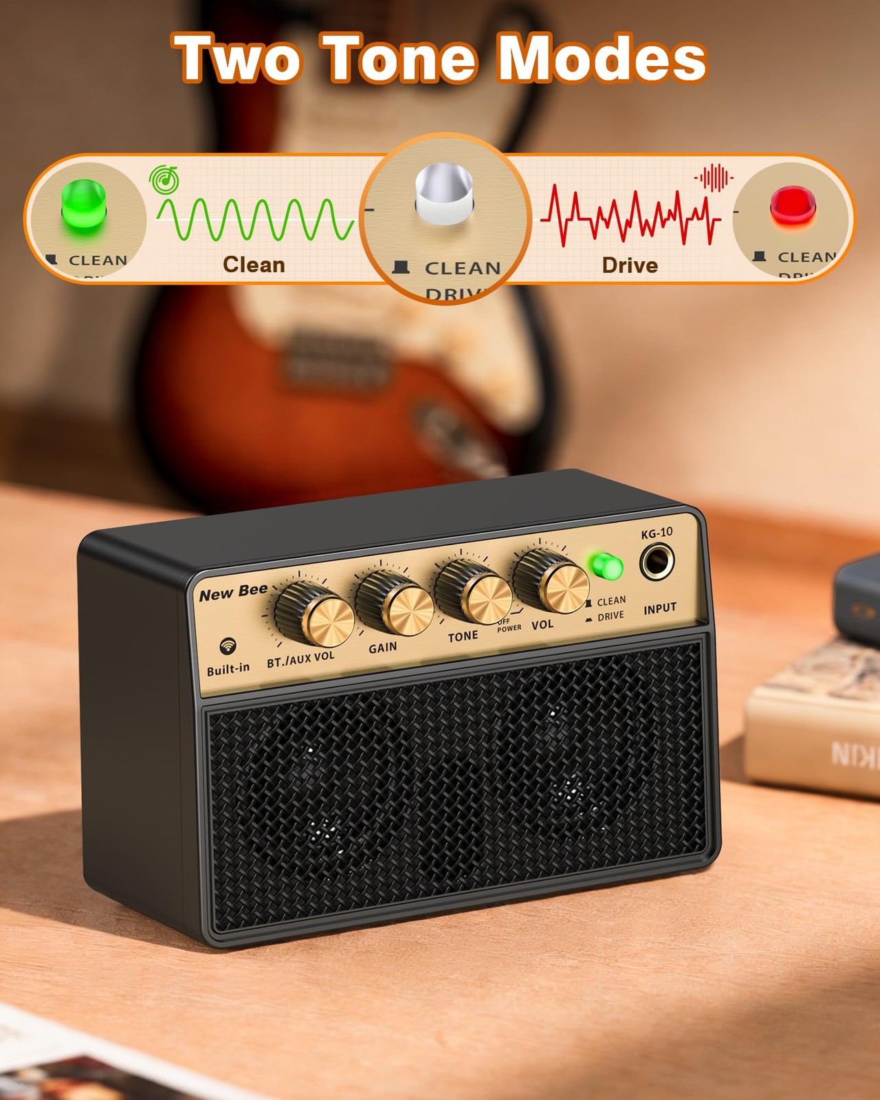 Guitar Amp with Clean Drive, 3.5mm /AUX 6H Work for Indoor Practice Travel