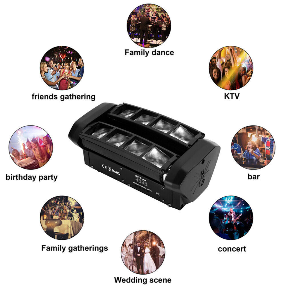 80W 8 LEDs Spider Moving Head Stage Lighting Beam DMX Disco Party DJ Light RGBW