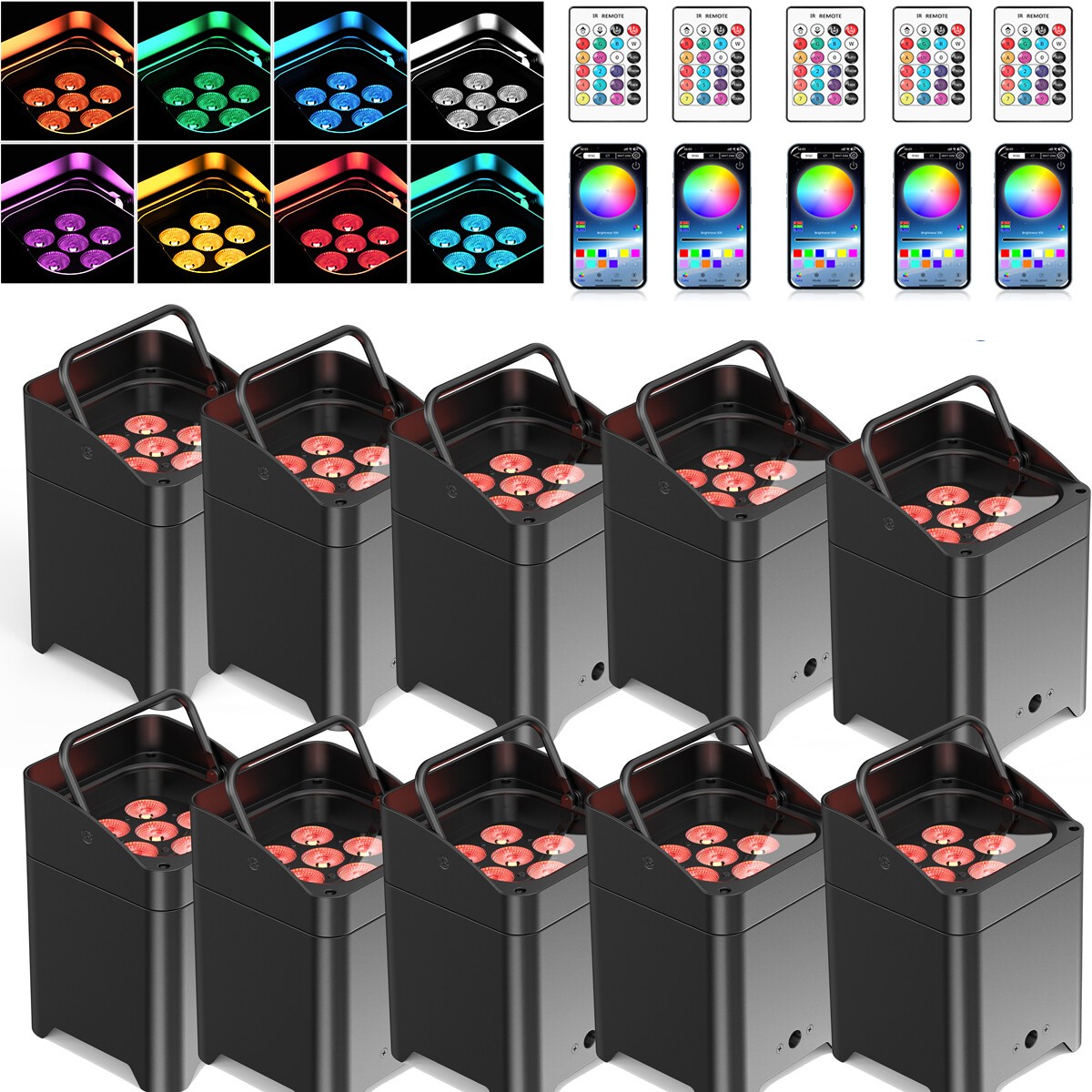 10pcs Wireless Stage Par Light Battery Uplight 6x18W 6in1 RGBWA UV Rechargeable