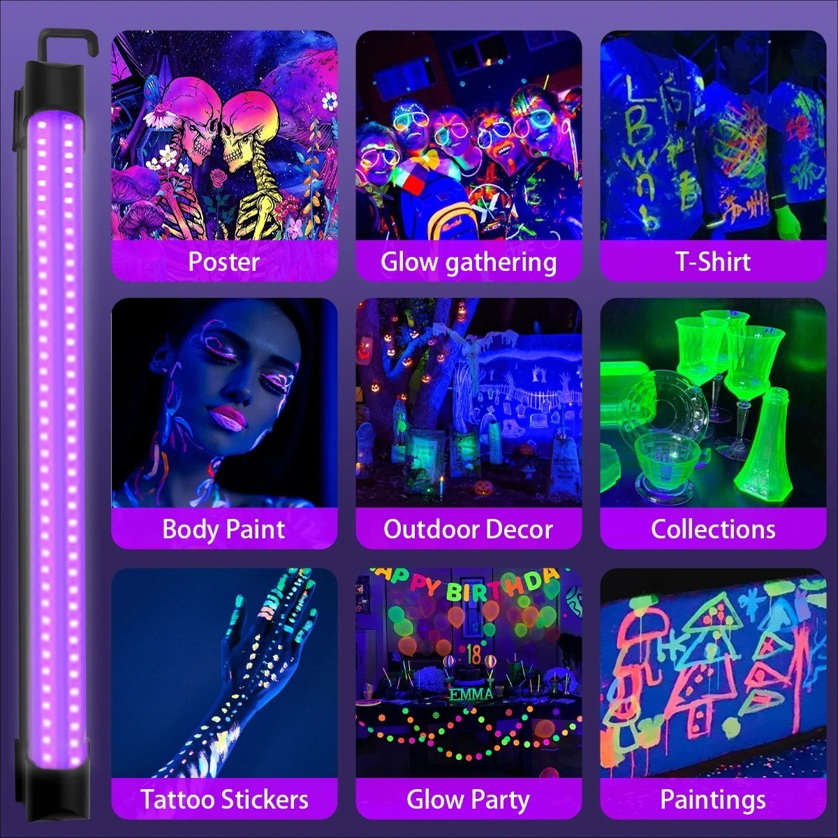 UV Black Light Bar Fixtures Ultraviolet Lamp Strip USB Plug DJ Party Club 48LED