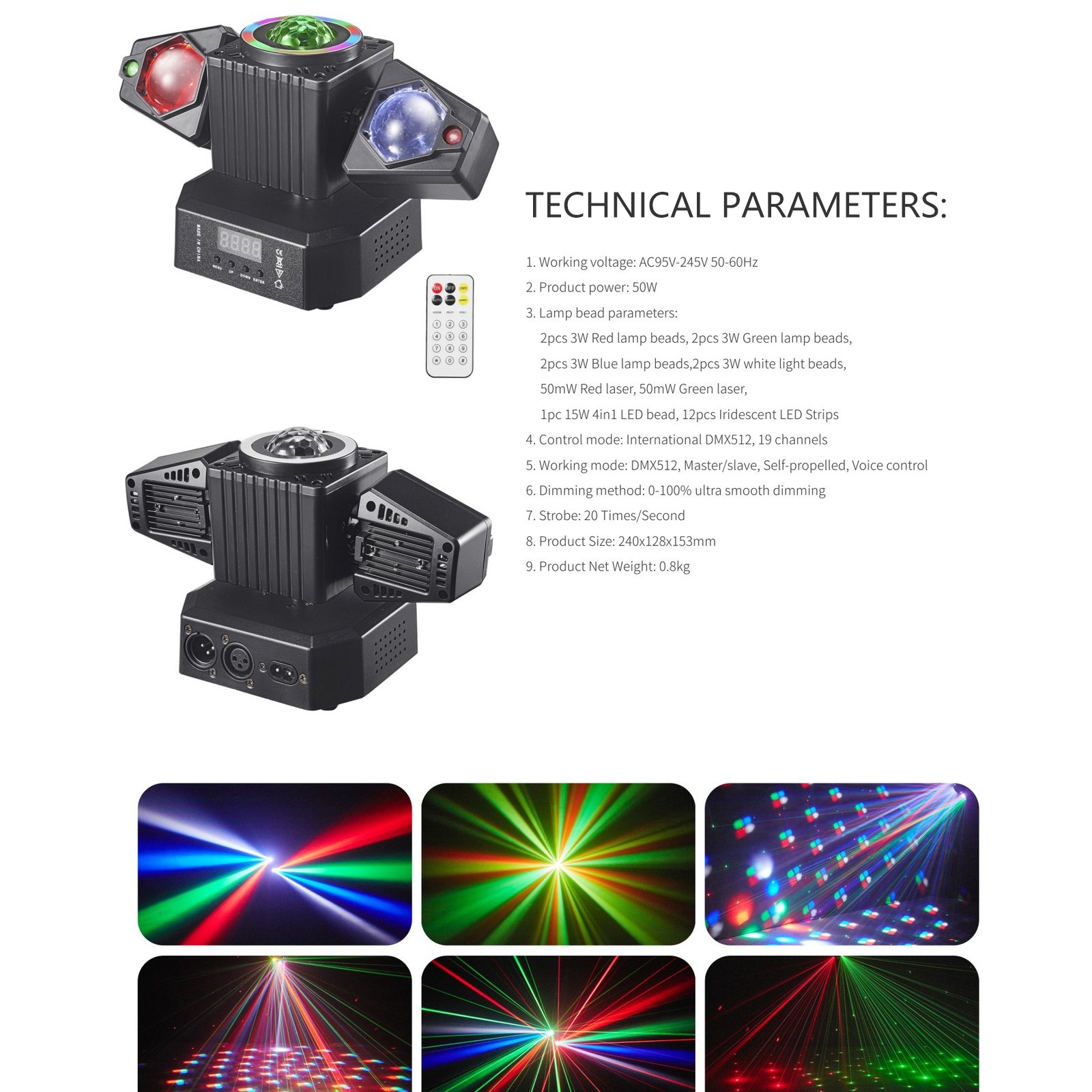 Moving Head Party Light Rotating Disco Ball Laser Beam Strobe Remote DMX